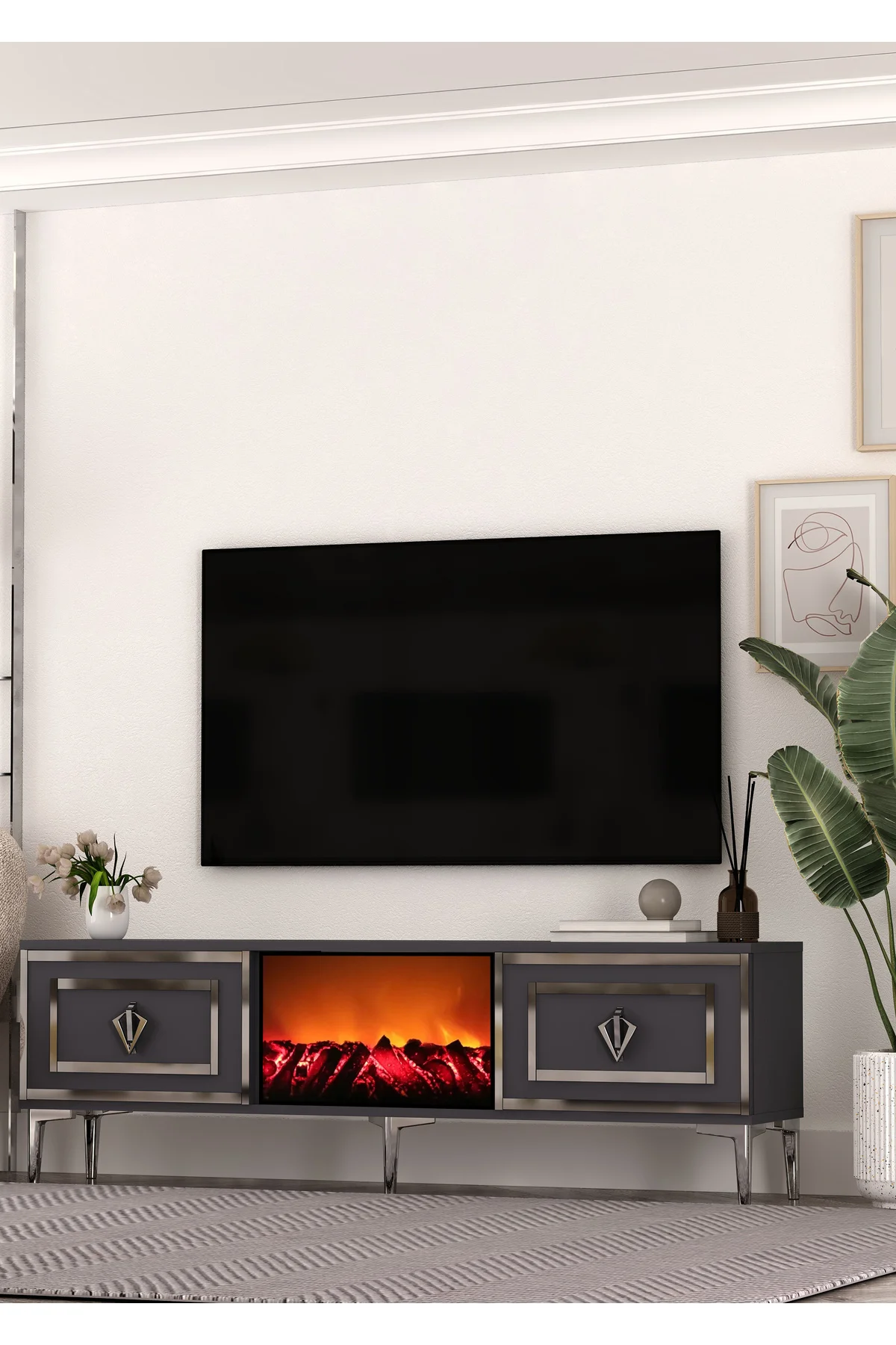 TV0067-0067-TXA150-32 ŞÖMİNELİ TV SEHPASI BEYAZ-ALTIN