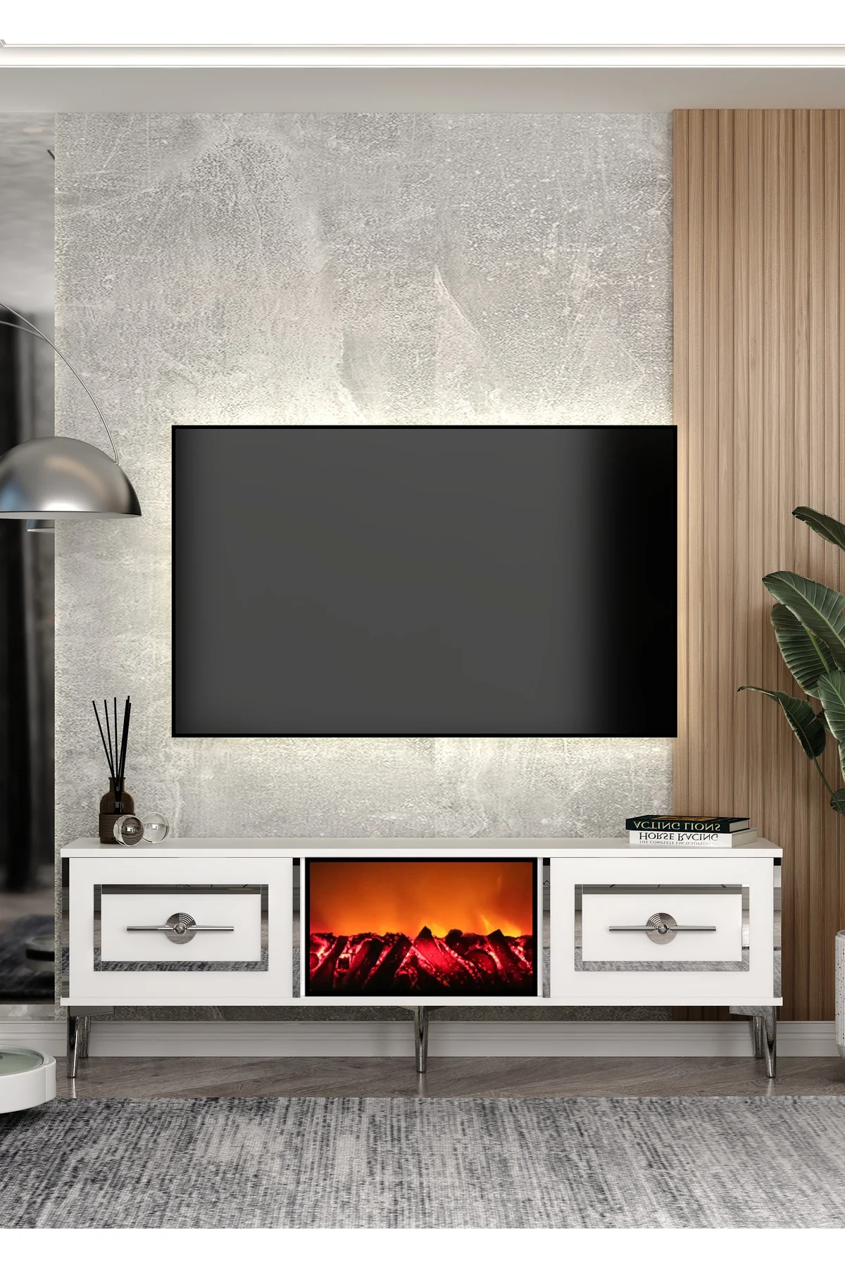 TV0069-0069-TXA150-32 ŞÖMİNELİ TV SEHPASI ANTRASİT-GÜMÜŞ