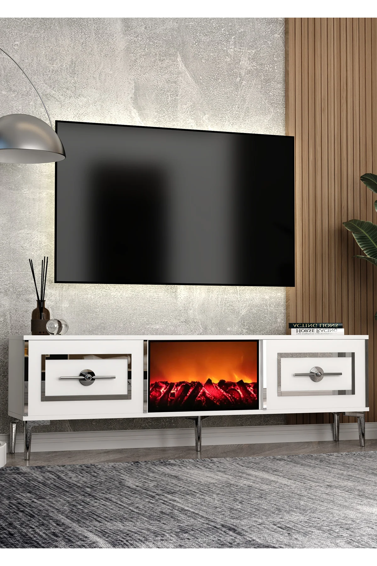 TV0069-0069-TXA150-32 ŞÖMİNELİ TV SEHPASI ANTRASİT-GÜMÜŞ