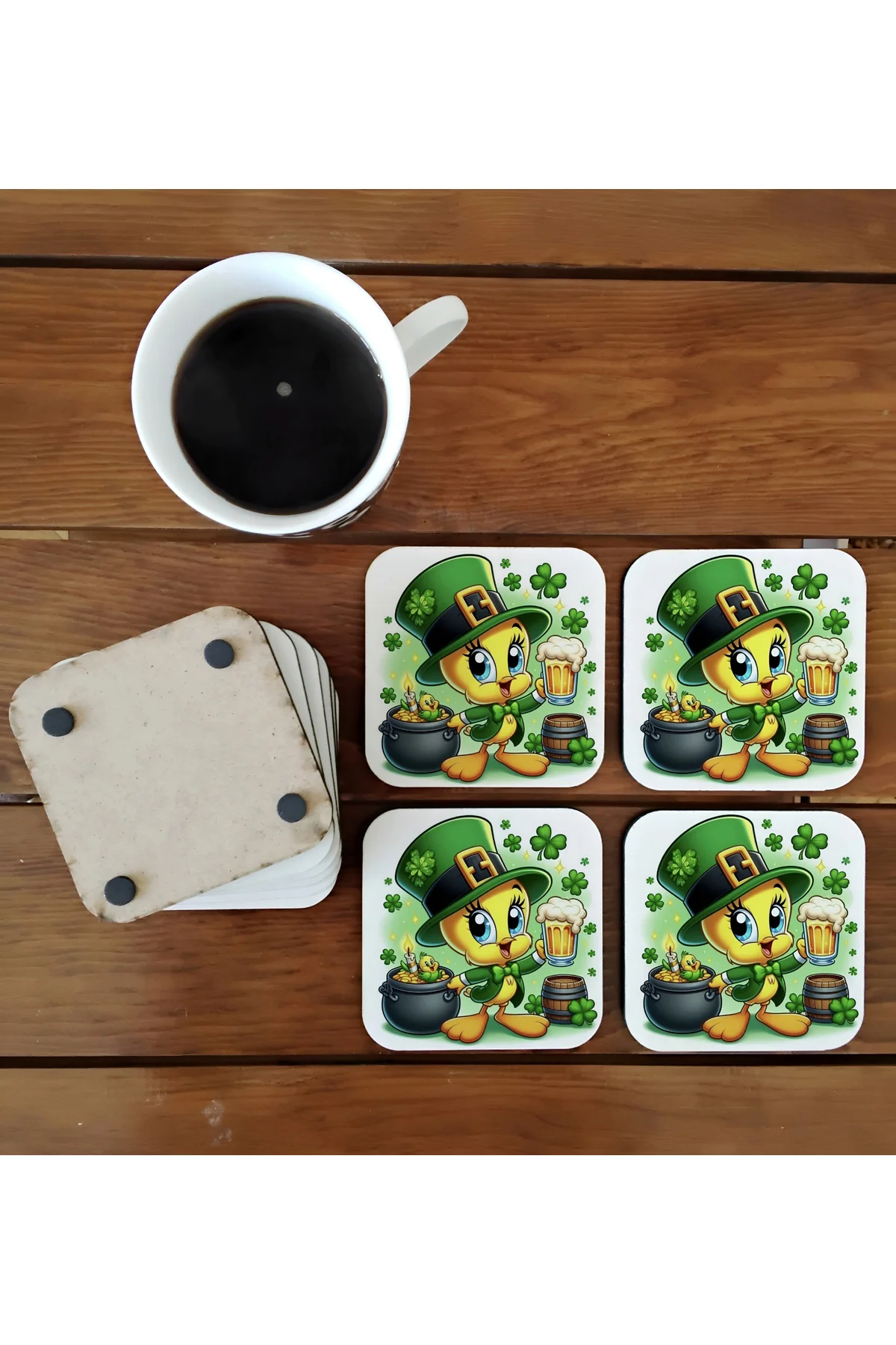 Tweety Happy Patrick Day Dekoratif Ahşap Bardak Altlığı Seti 052