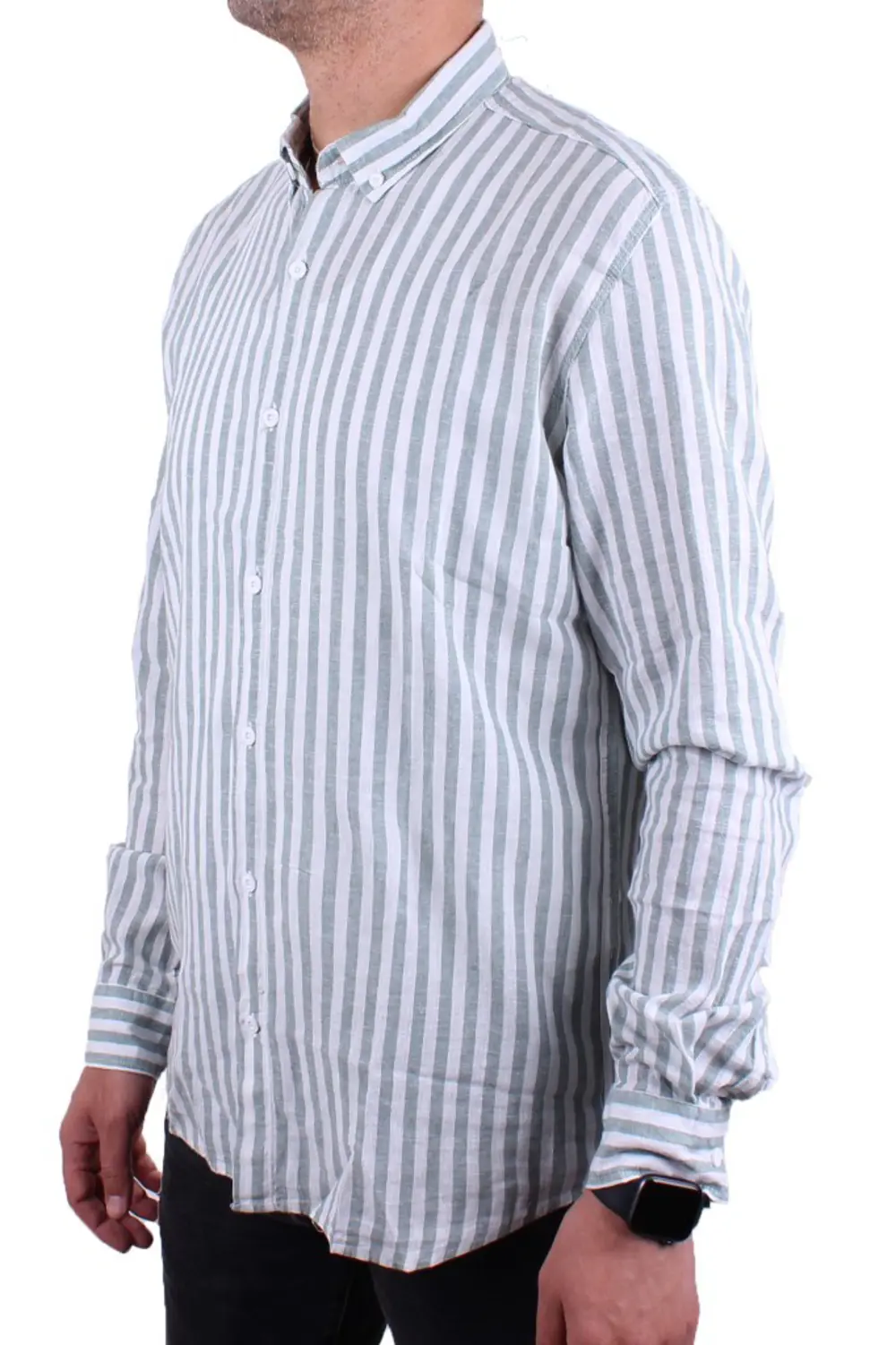 Twister 1905 Yeşil Çizgili Uzun Kol Günlük Pamuk Karışımlı Keten 