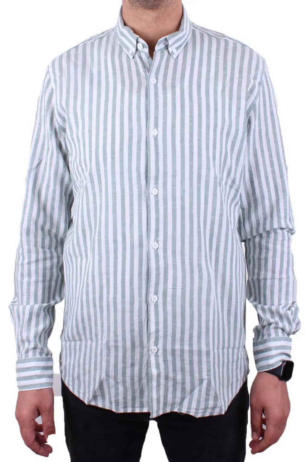 Twister 1905 Yeşil Çizgili Uzun Kol Günlük Pamuk Karışımlı Keten 