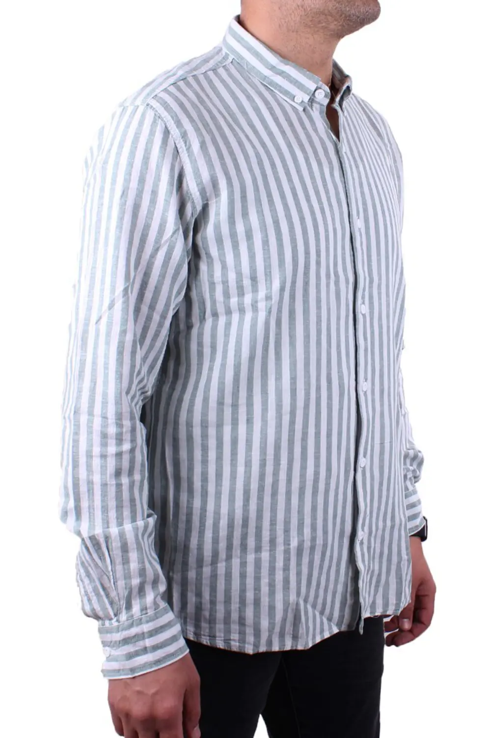 Twister 1905 Yeşil Çizgili Uzun Kol Günlük Pamuk Karışımlı Keten 