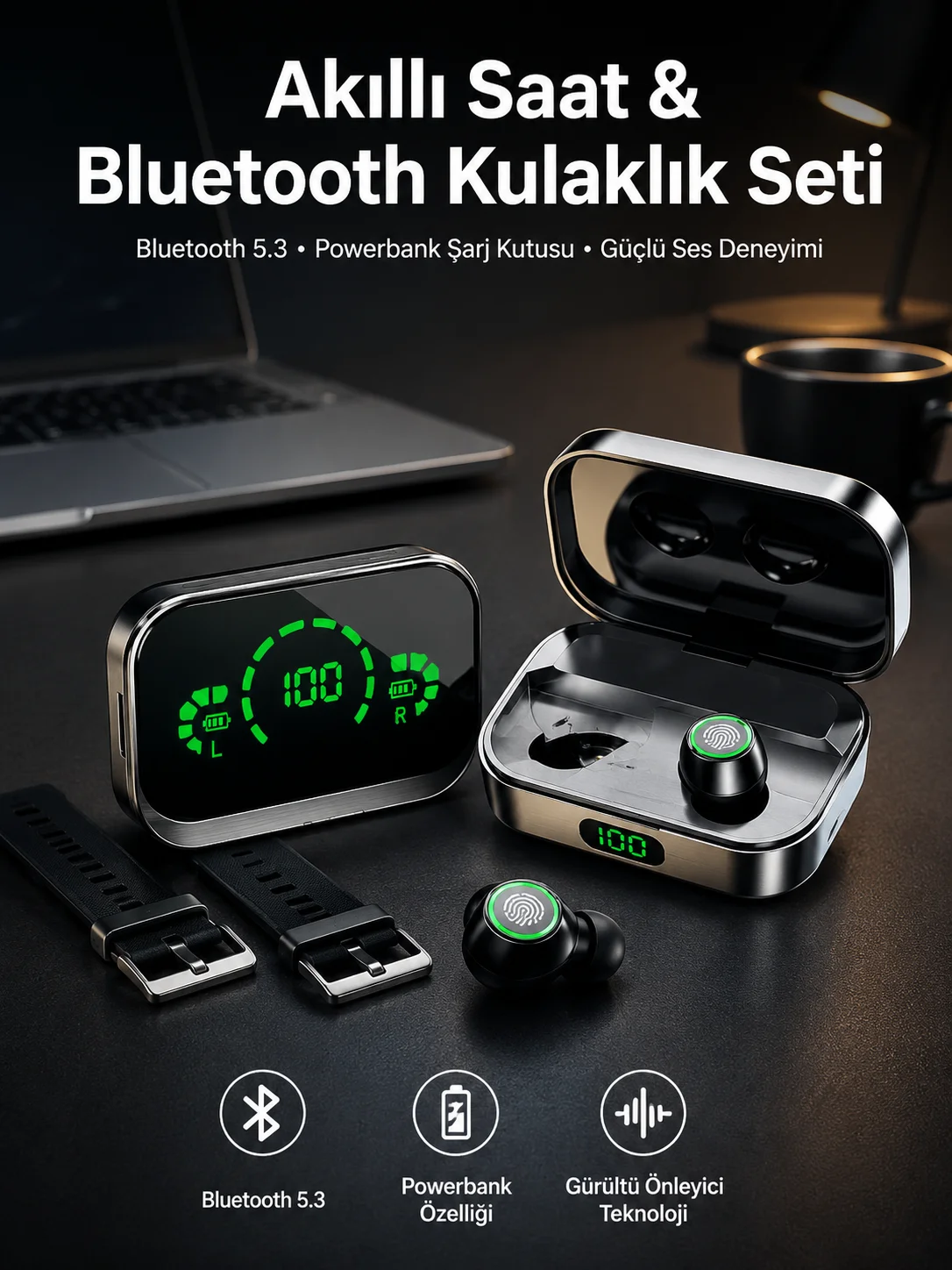 TWS Bluetooth Kulaklık ve Akıllı Saat Uyku Takibi Nabız Ölçer Uzun Pil Ömrü TWS Bluetooth Kulaklık ve Akıllı Saat Uyku Takibi Nabız Ölçer Uzun Pil Ömrü