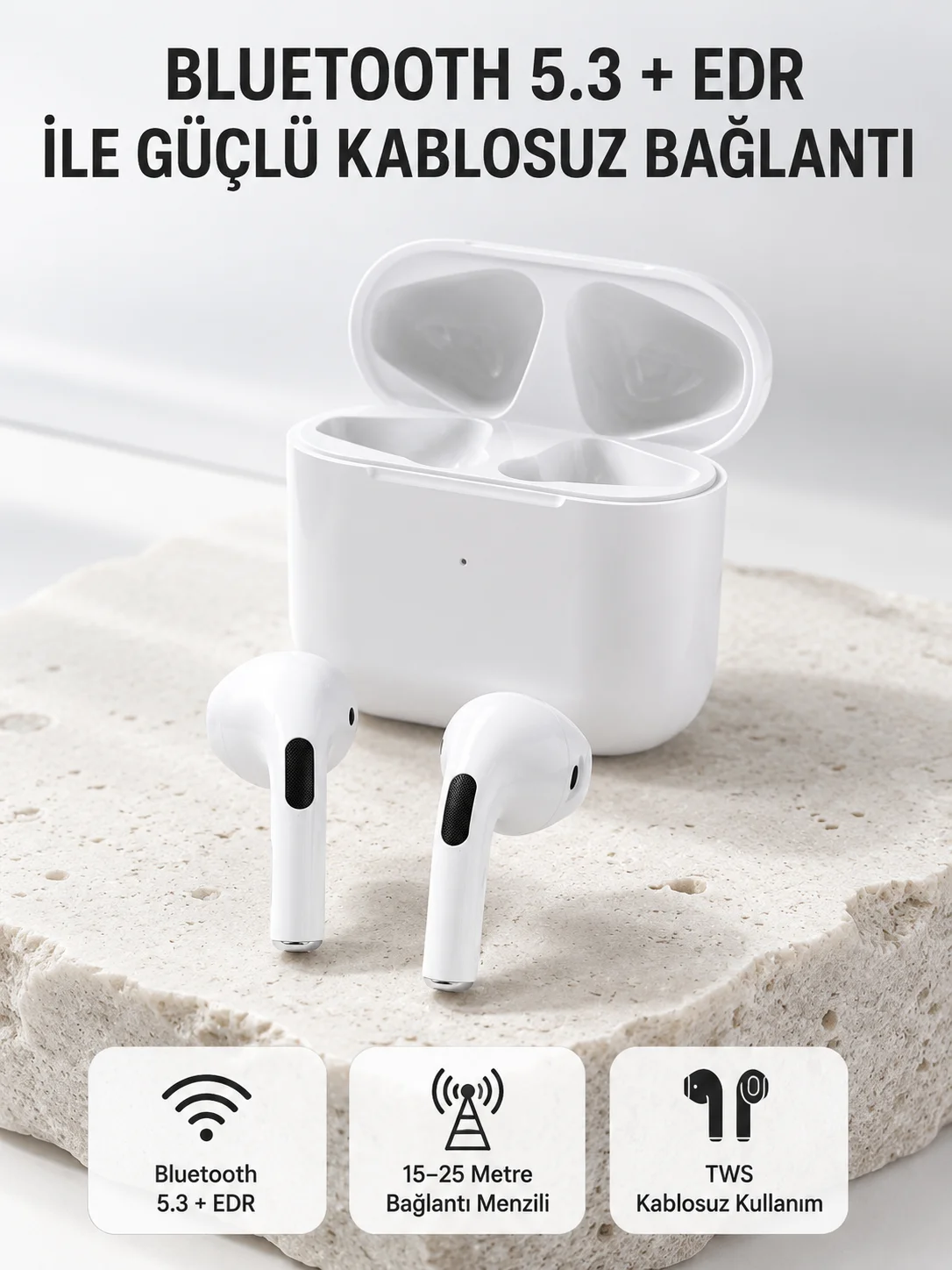 TWS Kablosuz Bluetooth Kulaklık 3 Saat Müzik 4 Saat Konuşma Şarj Kutulu