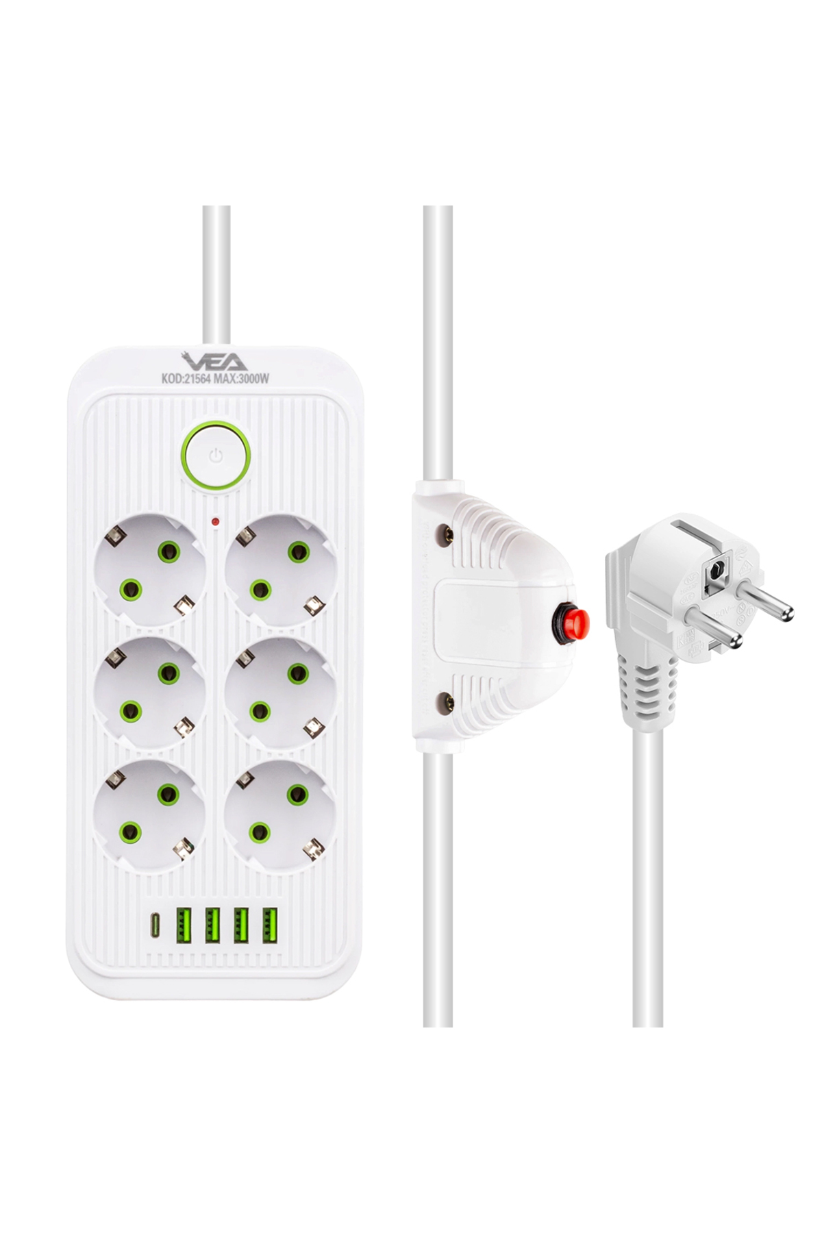 TYPE-C + 4 USB Girişli 6 Topraklı Fişli Çocuk Korumalı Grup Priz AXE1-23L