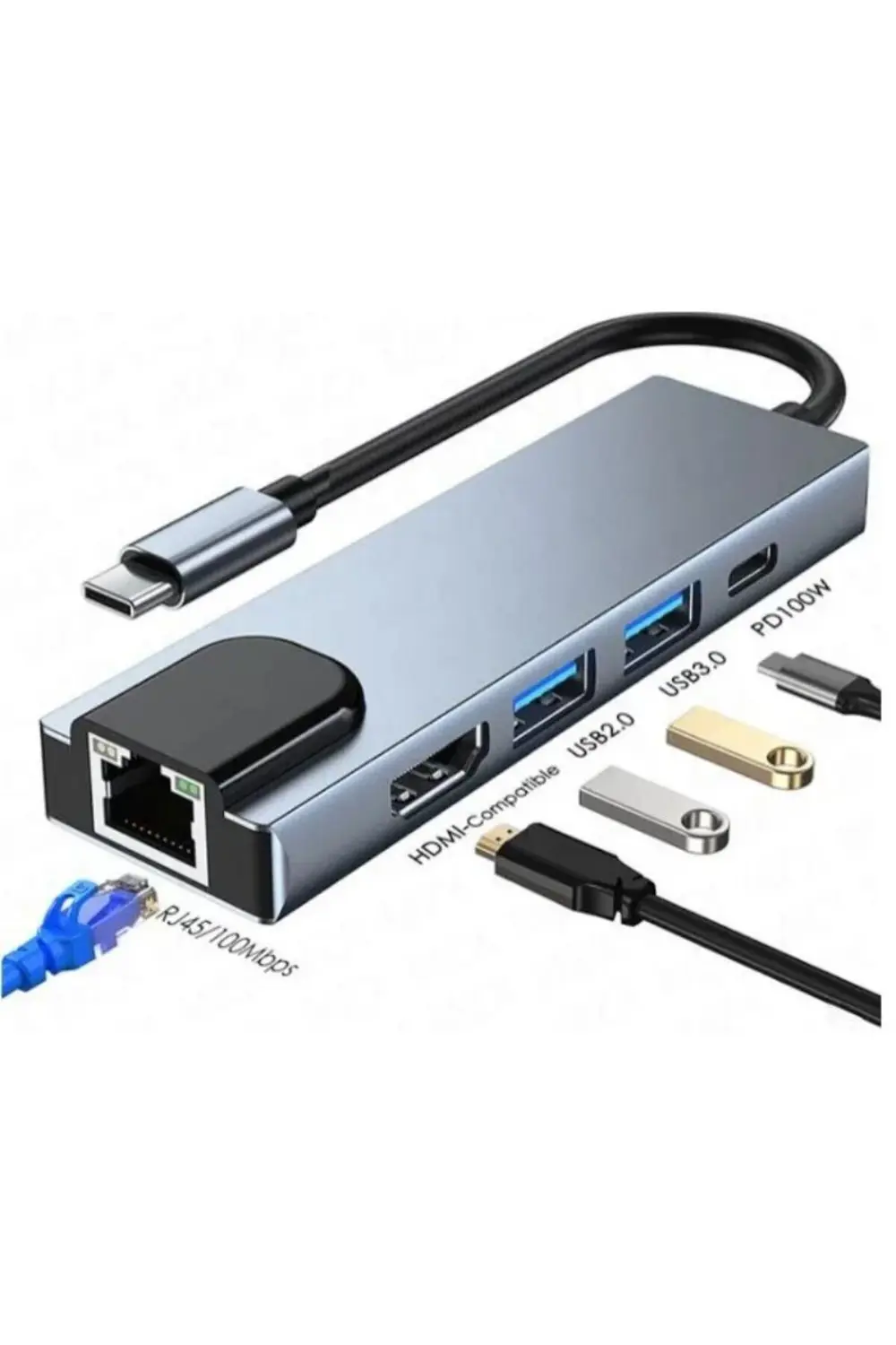 Type-C 5-in-1 Çoklayıcı 4K HDMI + USB 3.0*2 + Ethernet Girişli Hu