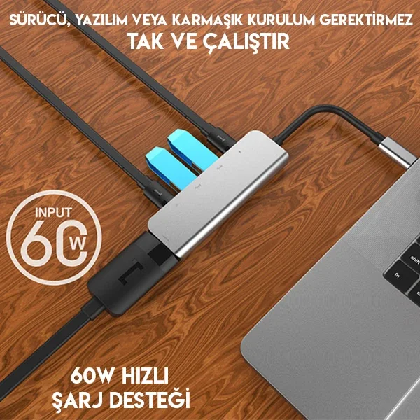 Type-C 5in1 HDMI 4K USB-C Hub Adaptör - Çoklayıcı PD Şarj