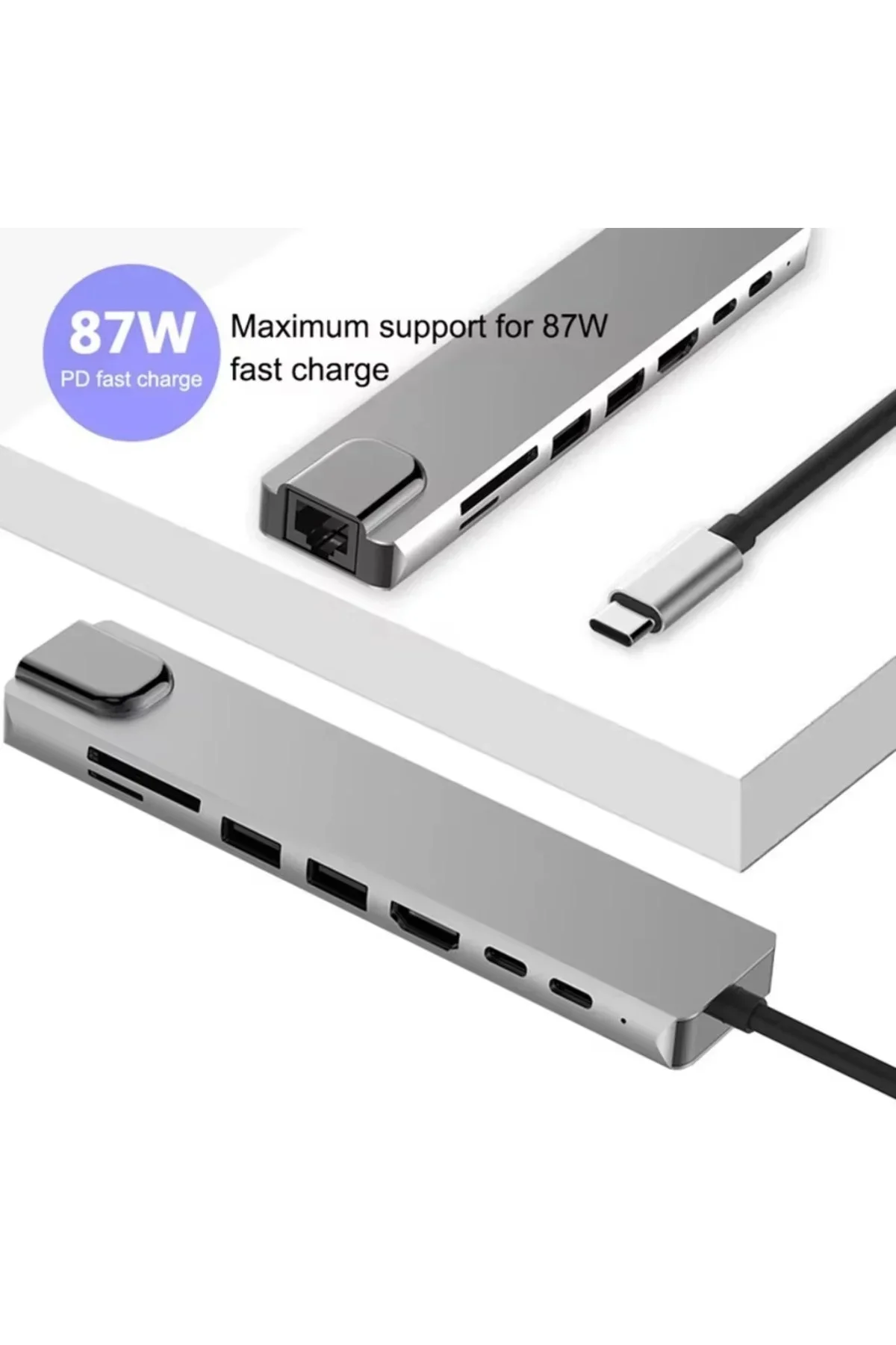 Type-C Çoklu Dönüştürücü – 87W PD, HD, 2x USB 3.0, RJ45, SD/TF Kart Girişli Hub Type-C Çoklu Dönüştürücü – 87W PD, HD, 2x USB 3.0, RJ45, SD/TF Kart Girişli Hub