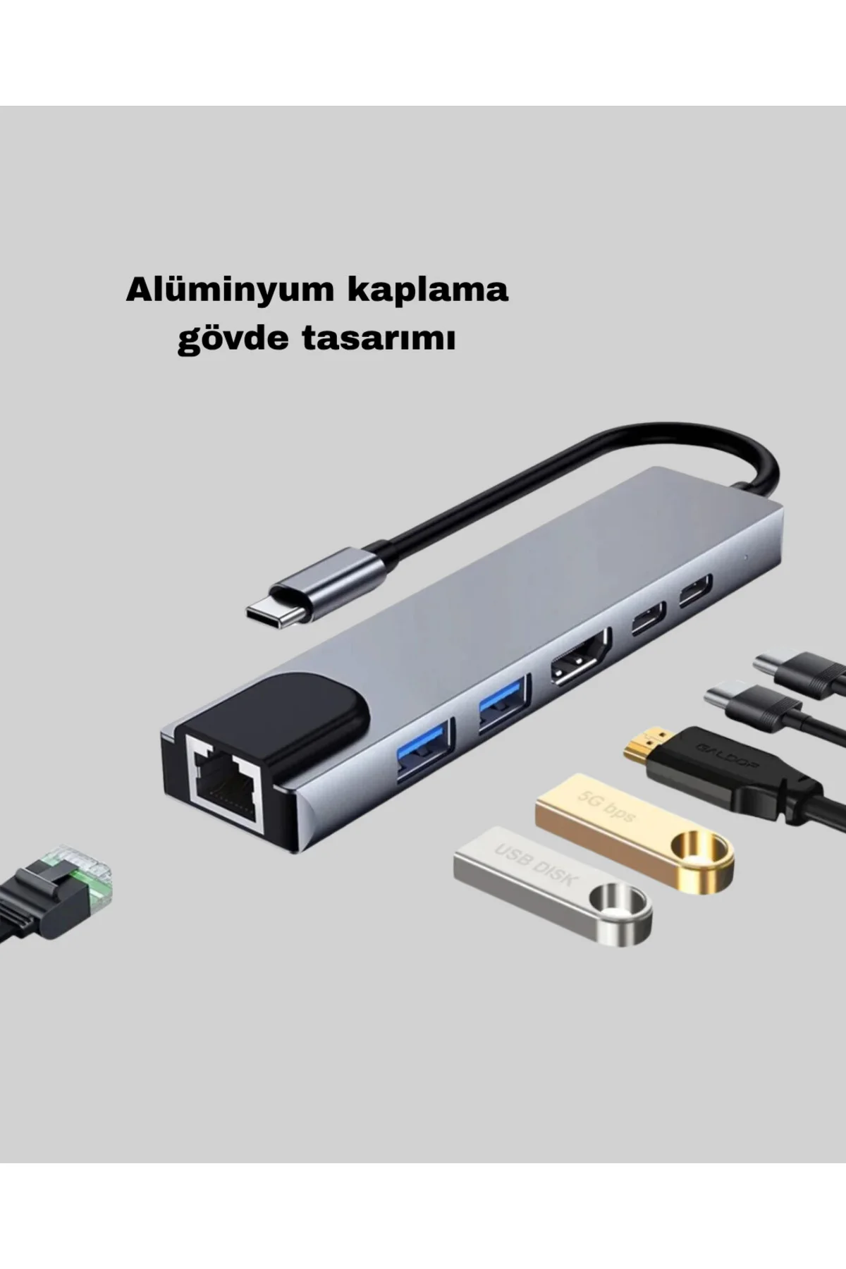 Type-C Çoklu Dönüştürücü – Alüminyum Gövde, Hızlı Veri Aktarımı v