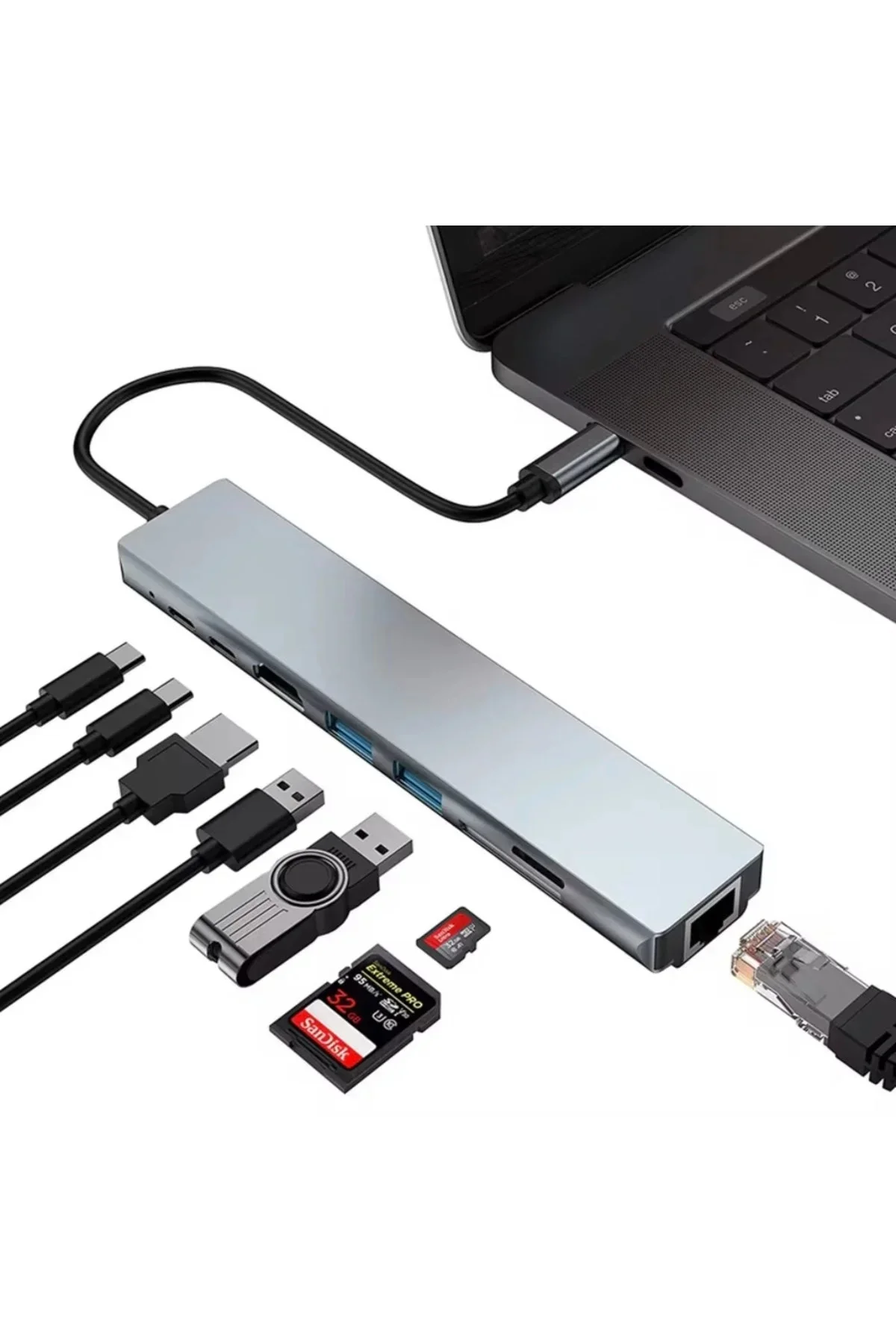 Type-C Çoklu Dönüştürücü – 87W PD, HD, 2x USB 3.0, RJ45, SD/TF Kart Girişli Hub Type-C Çoklu Dönüştürücü – 87W PD, HD, 2x USB 3.0, RJ45, SD/TF Kart Girişli Hub