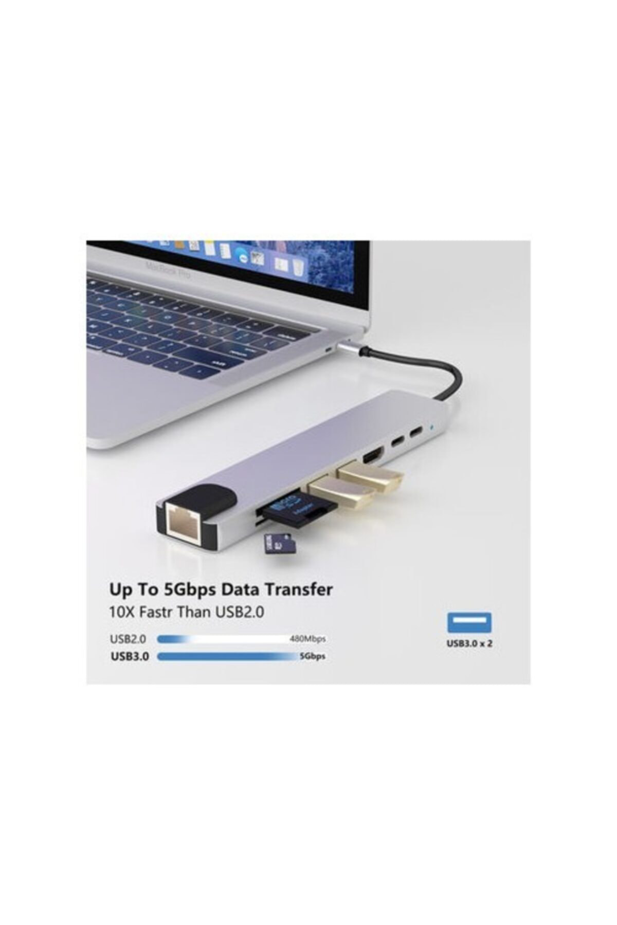 Type C Den 8 Ayrı Girişe Çeviren Laptop Için Rj-45 Lan Eternet Us
