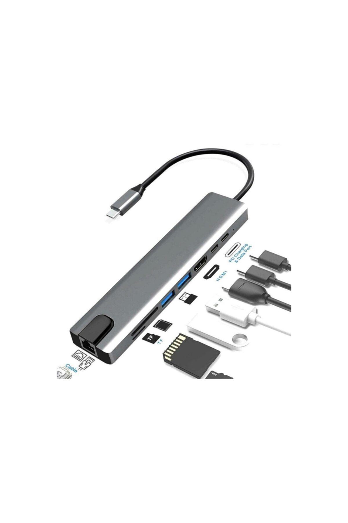 Type C Den 8 Ayrı Girişe Çeviren Laptop Için Rj-45 Lan Eternet Us