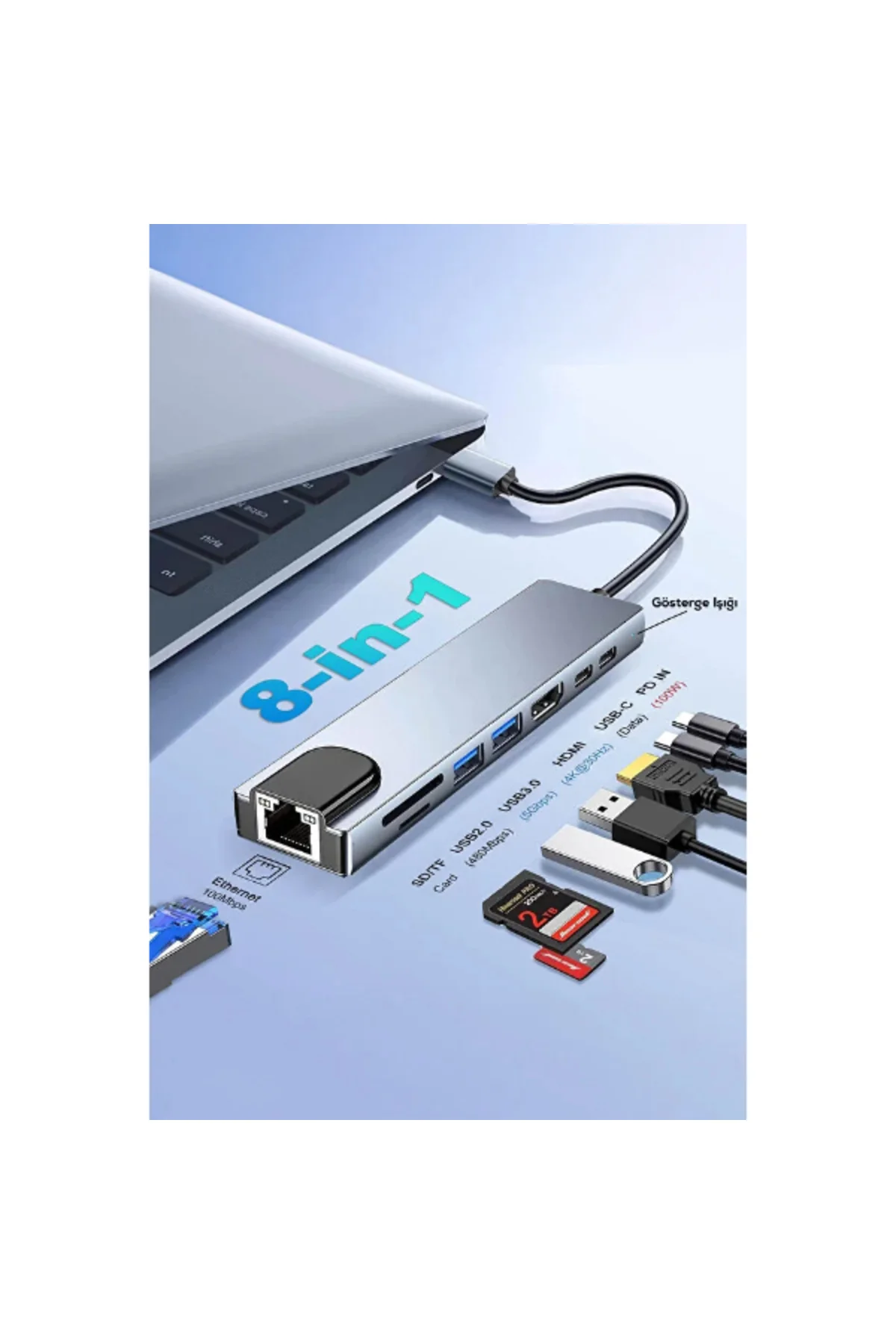Type C Girişli 8 Port Dönüştürücü Ve Çoklayıcı Type C Girişli 8 Port Dönüştürücü Ve Çoklayıcı