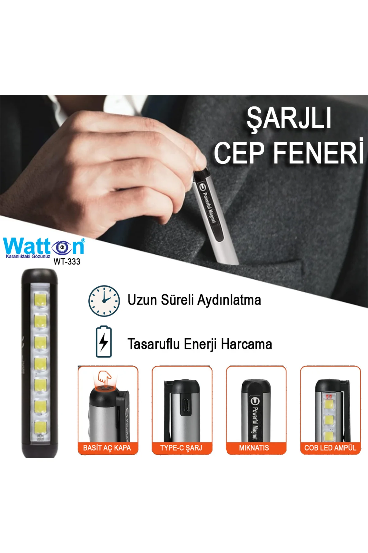 TYPE-C GİRİŞLİ MIKNATISLI ŞARJLI CEP FENERİ WATTON WT-333 Siyah