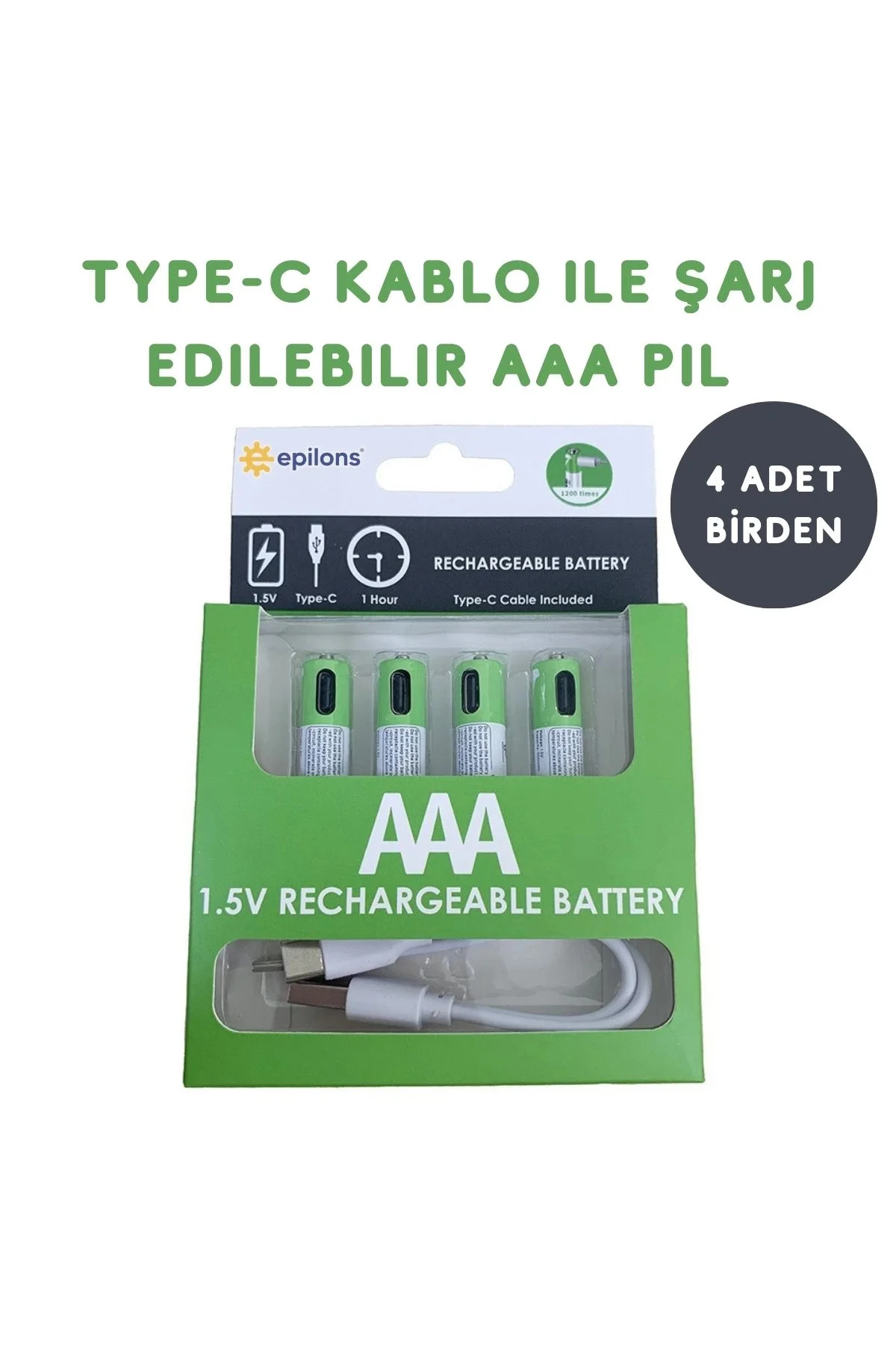 Type-C ile Şarjolabilen 4 lü AAA 1.5V Lityum İnce Şarjlı Kalem Pi