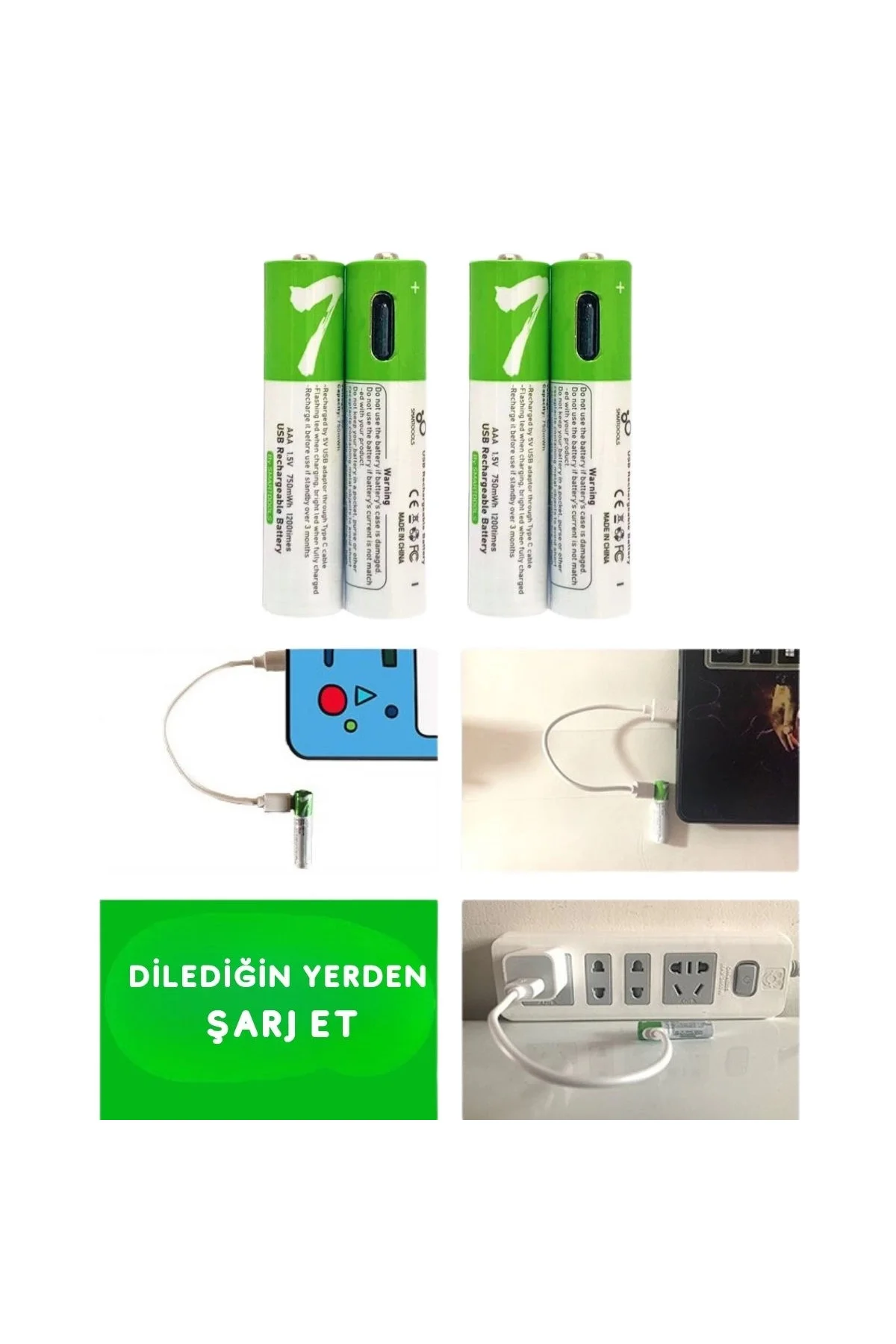 Type-C ile Şarjolabilen 4 lü AAA 1.5V Lityum İnce Şarjlı Kalem Pi