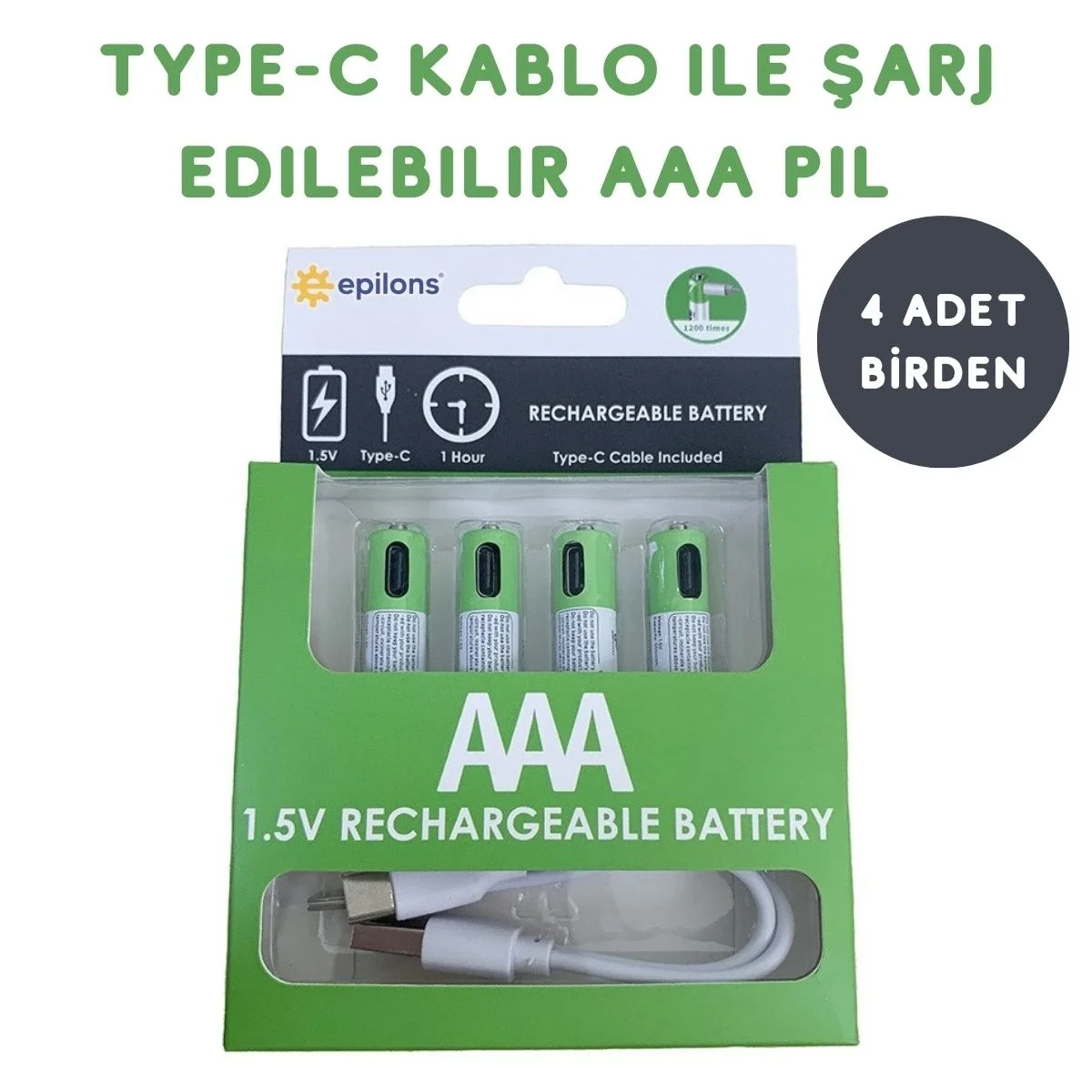 Type-C ile Şarjolabilen 4 lü AAA 1.5V Lityum İnce Şarjlı Kalem Pil 750 mAH Uzun Ömürlü Type-C ile Şarjolabilen 4 lü AAA 1.5V Lityum İnce Şarjlı Kalem Pil 750 mAH Uzun Ömürlü