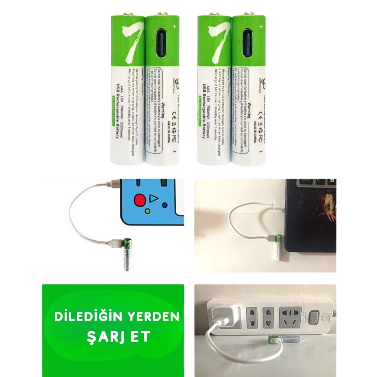 Type-C ile Şarjolabilen 4 lü AAA 1.5V Lityum İnce Şarjlı Kalem Pil 750 mAH Uzun Ömürlü Type-C ile Şarjolabilen 4 lü AAA 1.5V Lityum İnce Şarjlı Kalem Pil 750 mAH Uzun Ömürlü