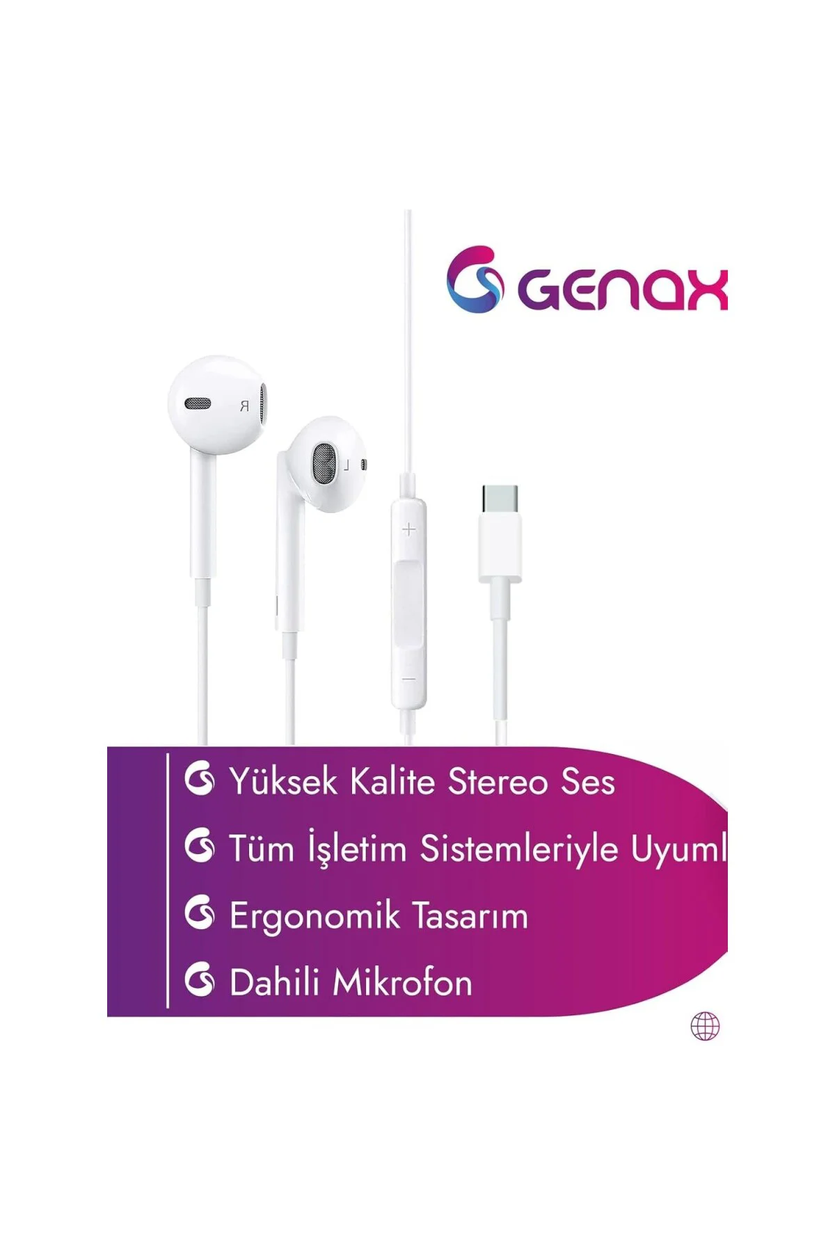 Type-C Kablolu Kulak İçi Kulaklık iPhone 17 Pro Max Uyumlu Beyaz,