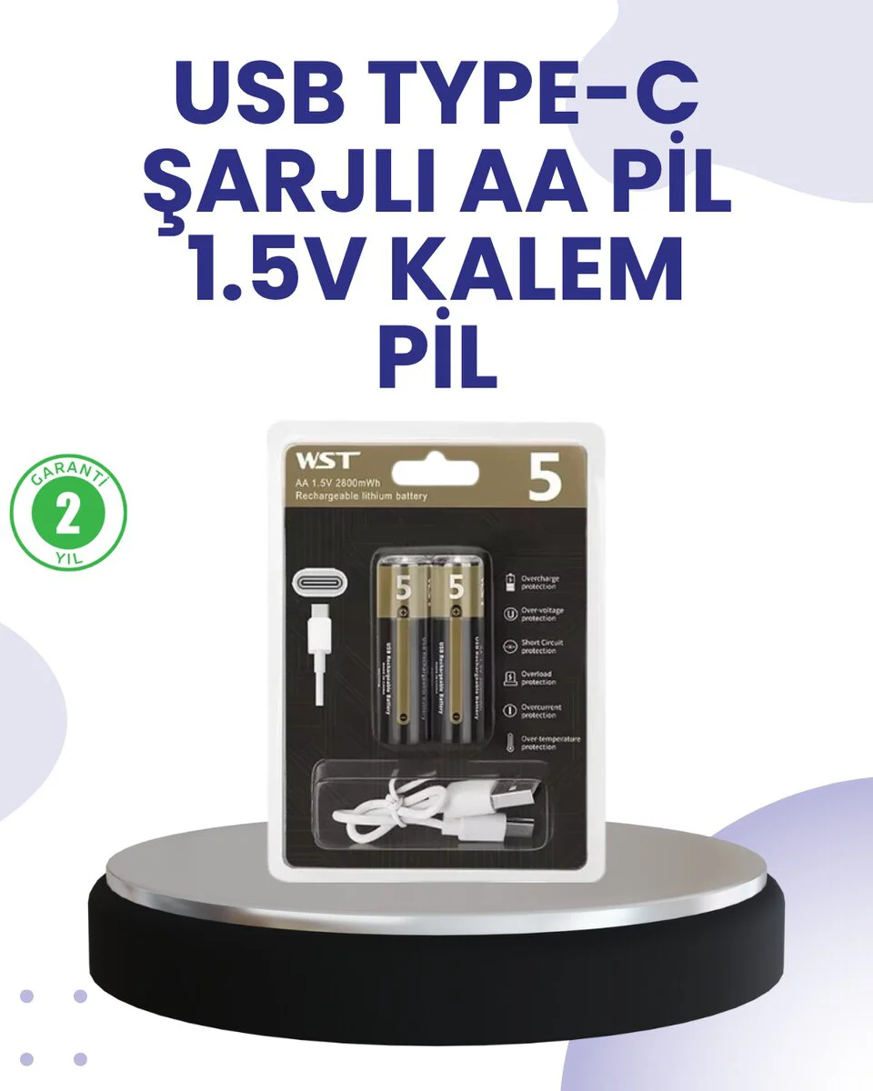 Type-C Şarj Edilebilir AA Pil - 1.5V Lityum | 1000+ Döngü | 2'li Paket