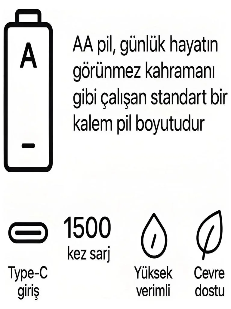 Type-C Şarjlı 1.5V 2800mWh AA Pil – 2’li Lityum İyon Batarya Fiyatı, Yorumları ve Özellikleri