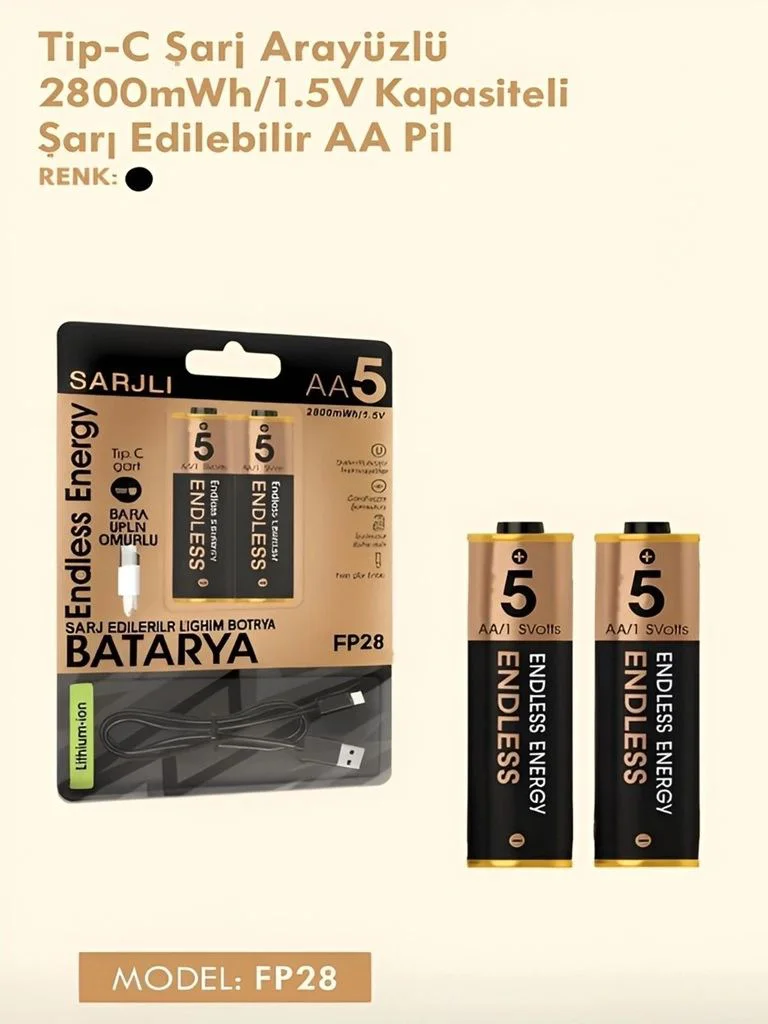 Type-C Şarjlı 1.5V 2800mWh AA Pil – 2’li Lityum İyon Batarya Fiyatı, Yorumları ve Özellikleri