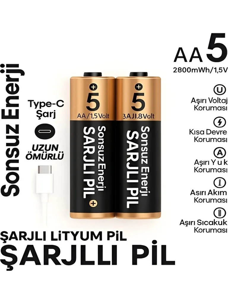 Type-c Şarjlı 2800mwh 1.5v Şarj Edilebilir 2’li Aa5 Kalın Pil - Lityum Iyon Batarya Type-c Şarjlı 2800mwh 1.5v Şarj Edilebilir 2’li Aa5 Kalın Pil - Lityum Iyon Batarya
