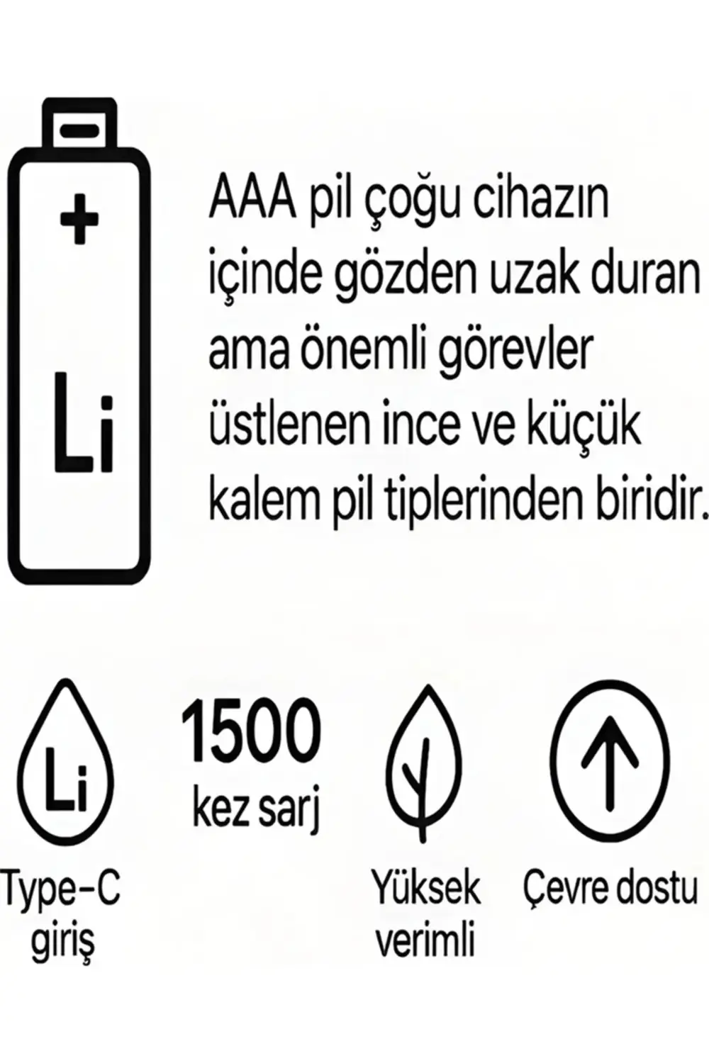 Type-c Şarjlı 800mwh 1.5v Şarj Edilebilir 2’li Aaa İnce Pil - Lit