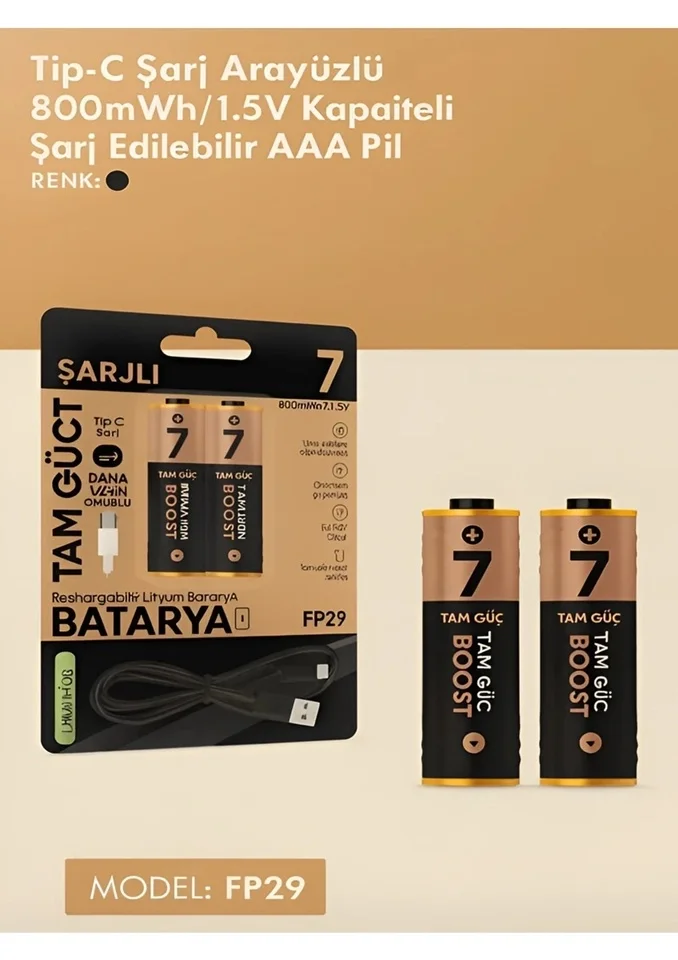 Type-c Şarjlı 800mwh 1.5v Şarj Edilebilir 2’li Aaa İnce Pil - Lityum Iyon Batarya