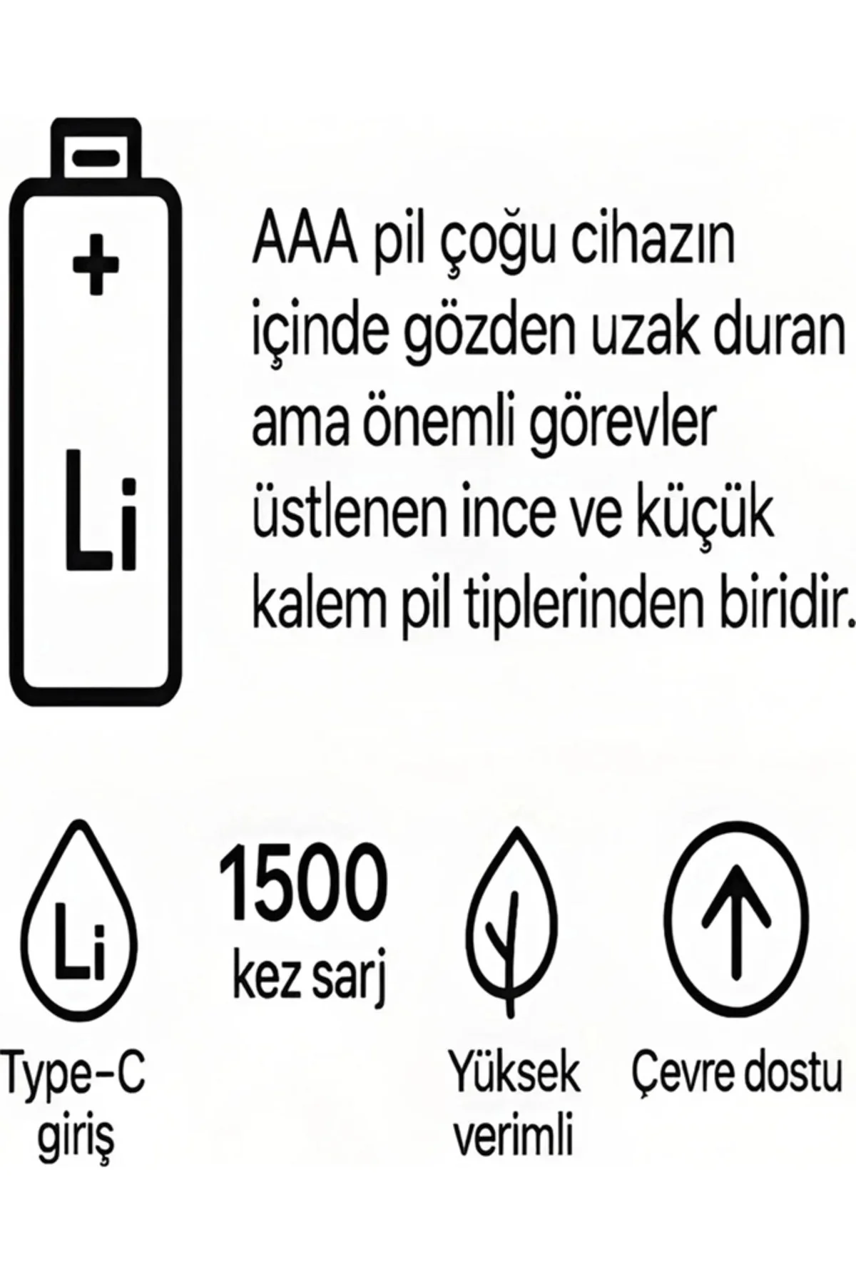 Type-C Şarjlı 800Mwh 1.5V Şarj Edilebilir 2’Li Aaa İnce Pil - Lityum Iyon Batarya - Görsel 3