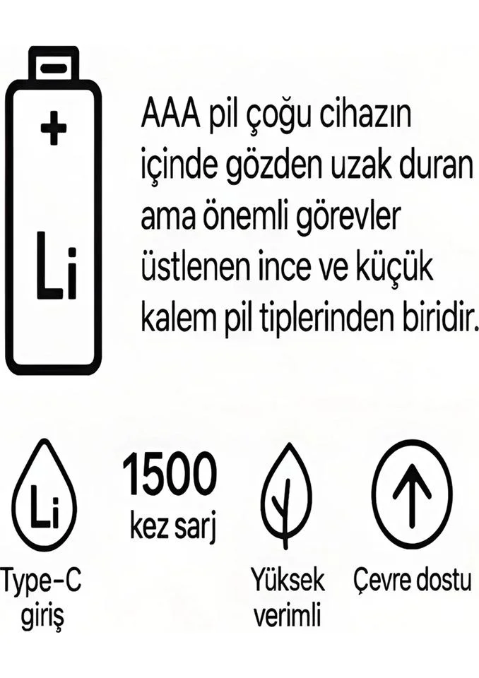 Type-C Şarjlı 800mWh 1.5V Şarj Edilebilir AAA Pil – 2'li Lityum İyon Batarya Fiyatı, Yorumları ve Özellikleri