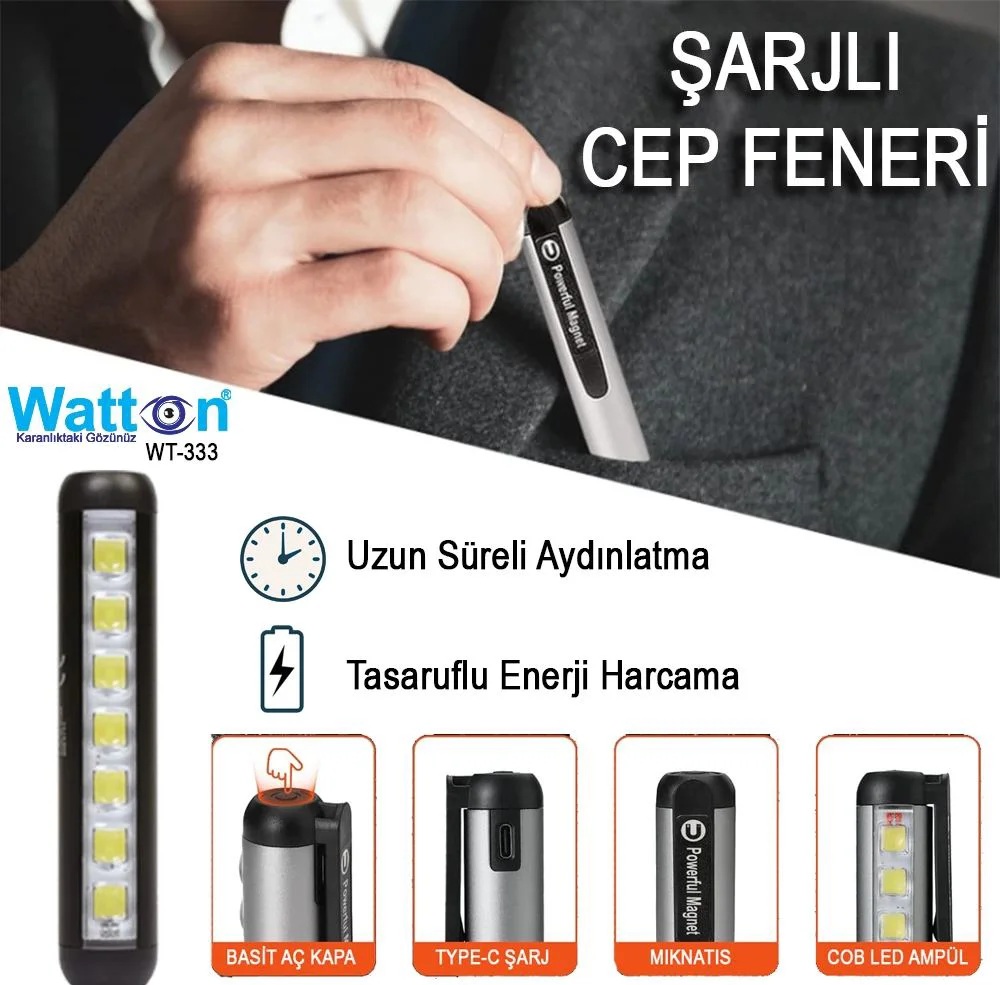 Type-C Şarjlı Mıknatıslı Cep Feneri Wt-333 – 1200mAh LED El Feneri Fiyatı, Yorumları ve Özellikleri