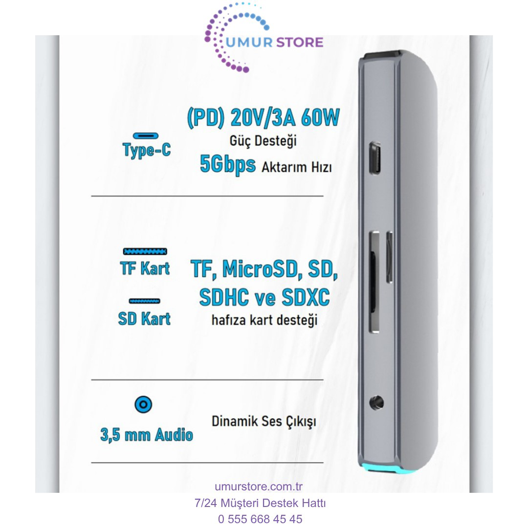 Type-C to (4K/60Hz UHD HDMI 3xUSB 3.0 TF/MicroSD 3.5mm Ses Çıkışı Type-C to (4K/60Hz UHD HDMI 3xUSB 3.0 TF/MicroSD 3.5mm Ses Çıkışı