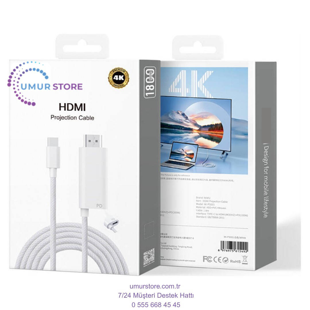 Type-C To HDMI (4K@60Hz) Kablo Wiwu WI-PS001 Pd Şarj ve Projeksiy