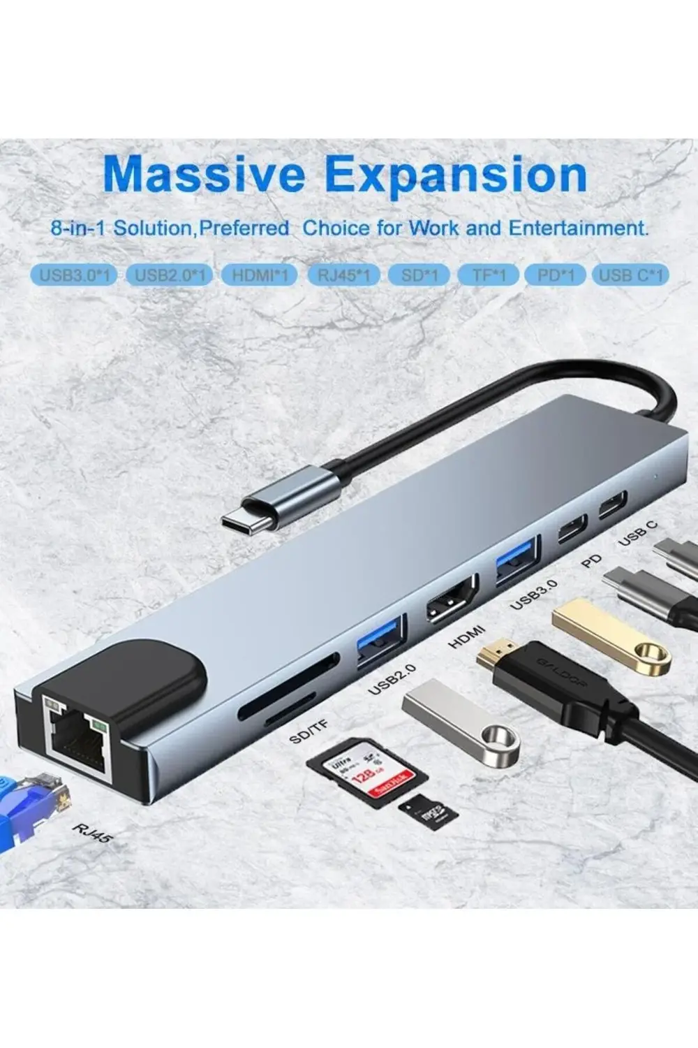 Type C To Hdmi Usb 3.0 Sd Microsd 8in1 Kart Rj45 Ethernet Çeviric