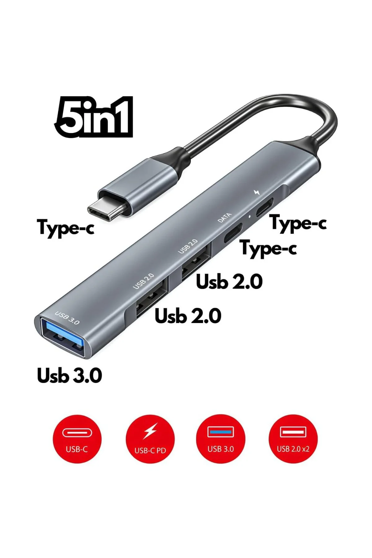 Type-c To Usb 5in1 PD Typec Usb 3.0/2.0 Port Çoklayıcı Macbook Air Pro Uyumlu Çevirici Dönüş