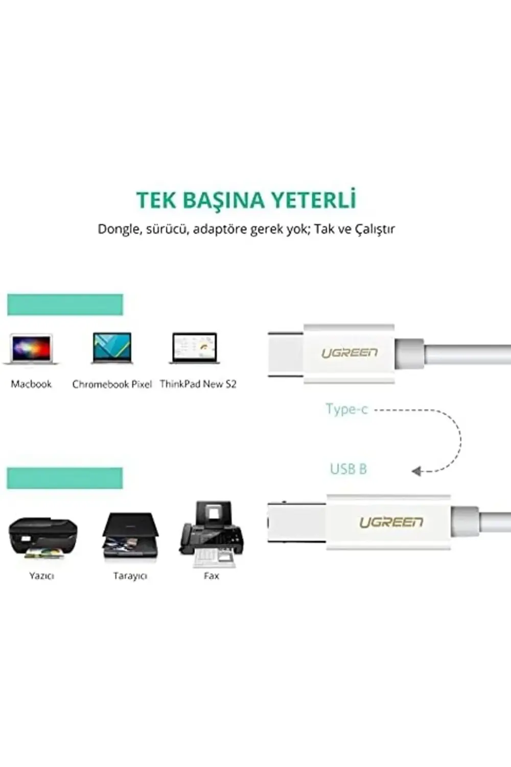 Type-C USB B Yazıcı Kablosu, 1.5 Metre, Beyaz 1185222