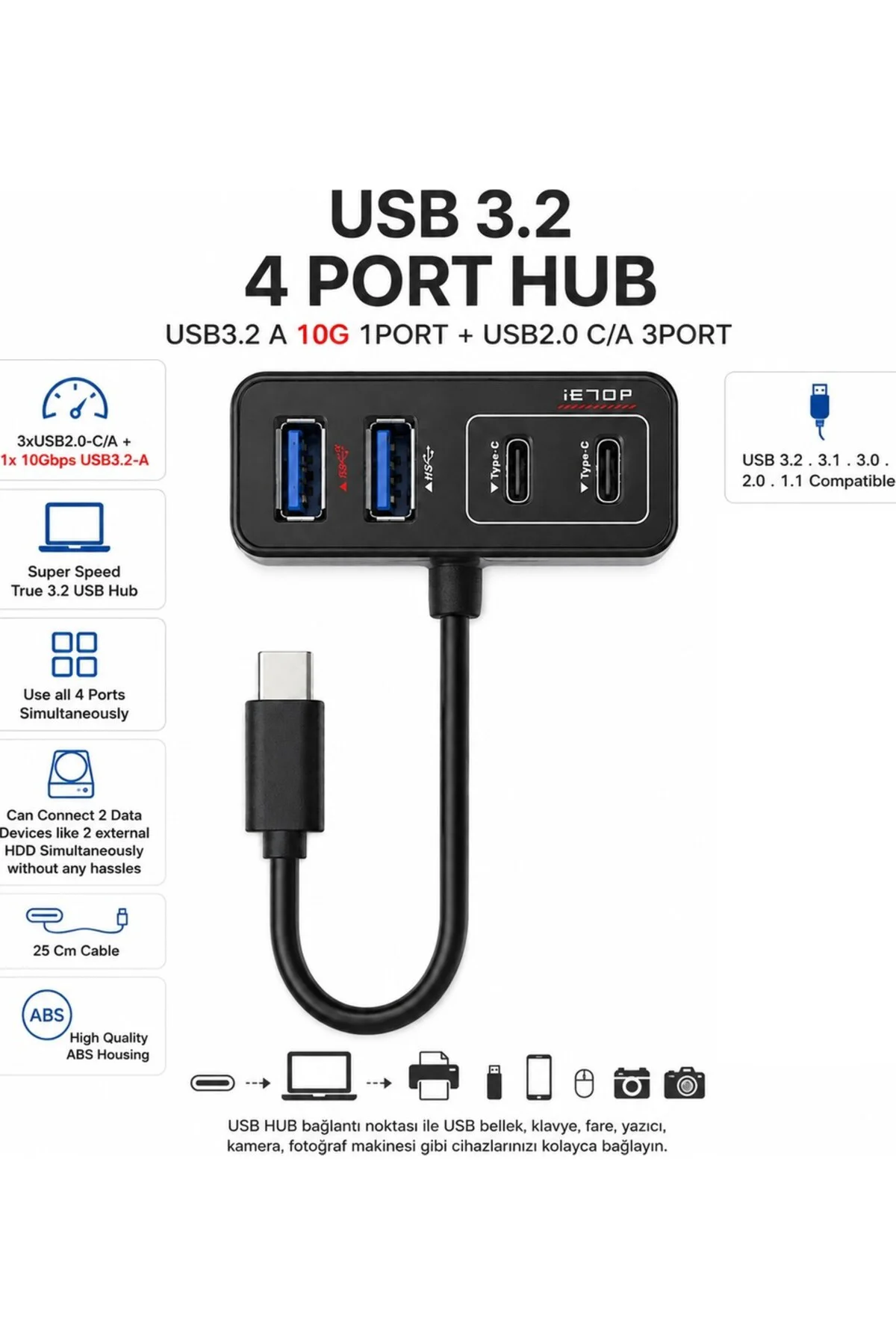 Type-C USB Hub 4 Port USB 3.2 10Gbps USB Çoklayıcı USB-A USB-C