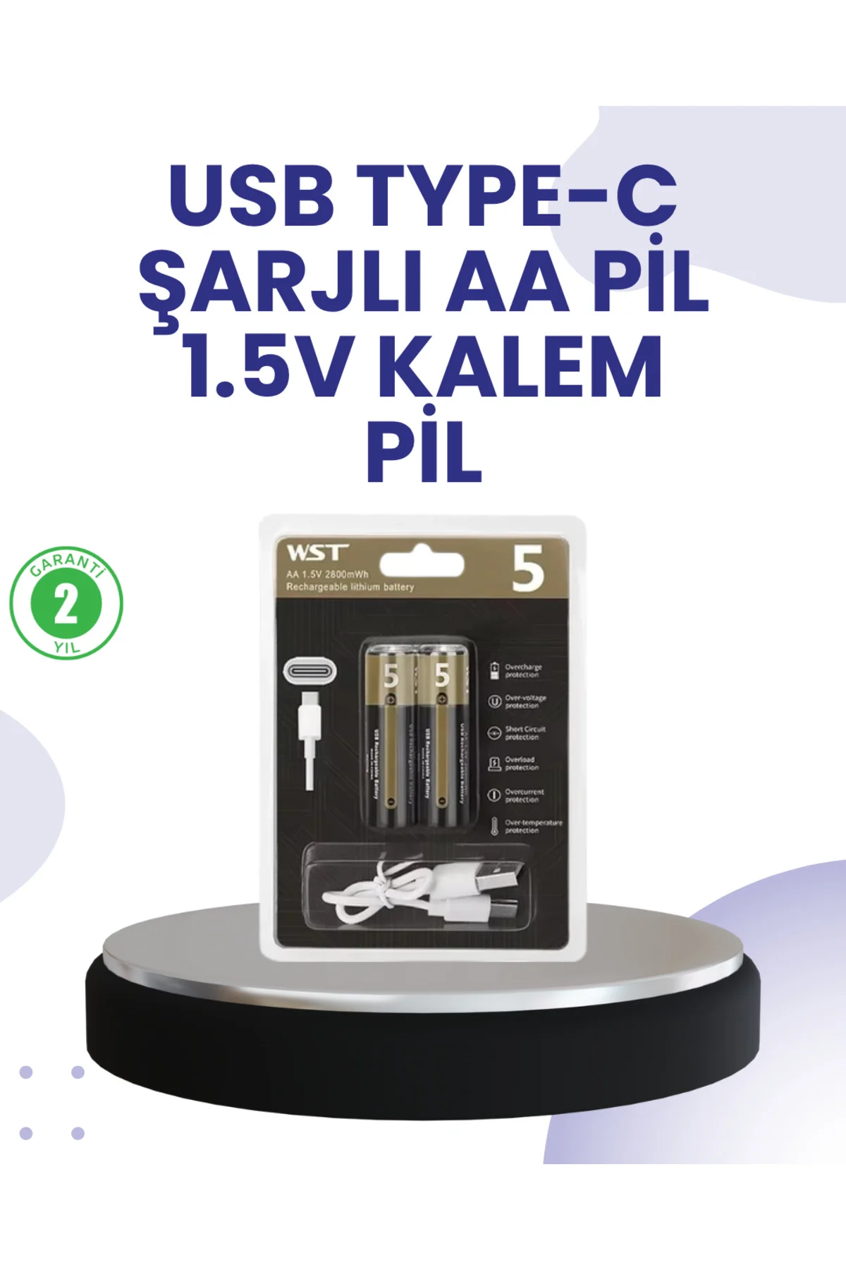 Type-C USB ile Hızlı Şarj Edilebilir AA Kalem Pil | 1.5V Lityum | Çiftli Paket