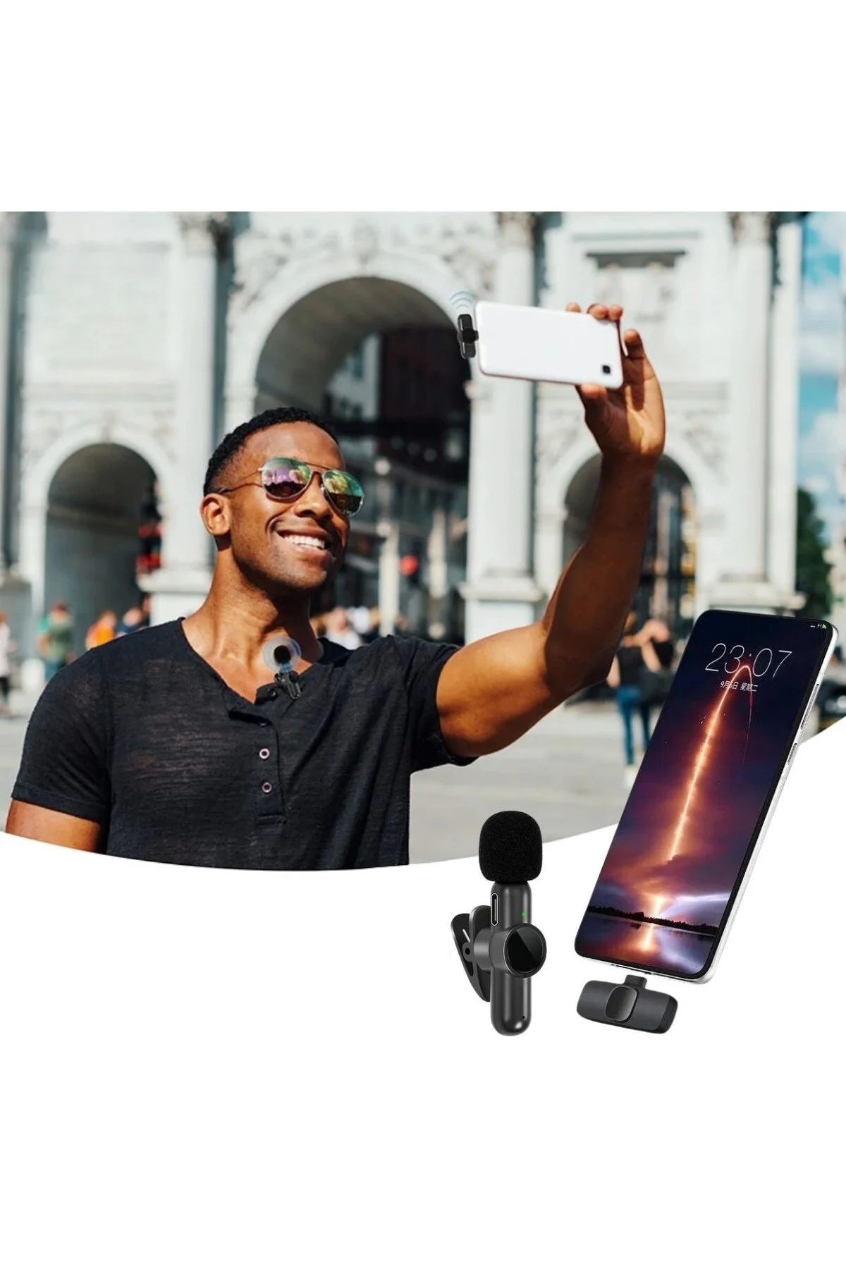 Type C Uyumlu İphone Dönüştürücülü Kablosuz Yaka Mikrofonu Androi