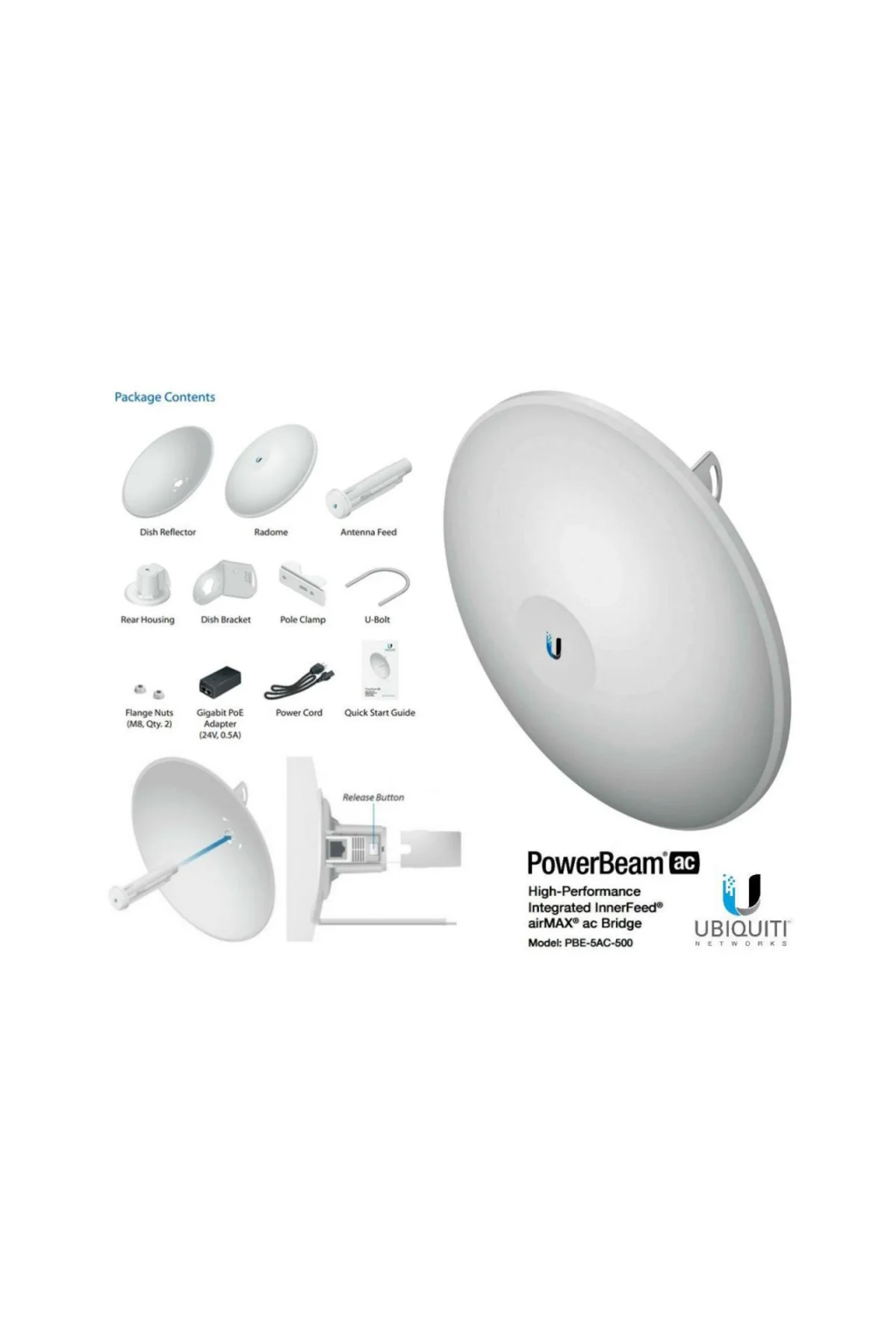 UBIQUITI PBE-5AC-500, PowerBeam, 5Ghz, 450Mbps, 27dBi Anten, Dış 