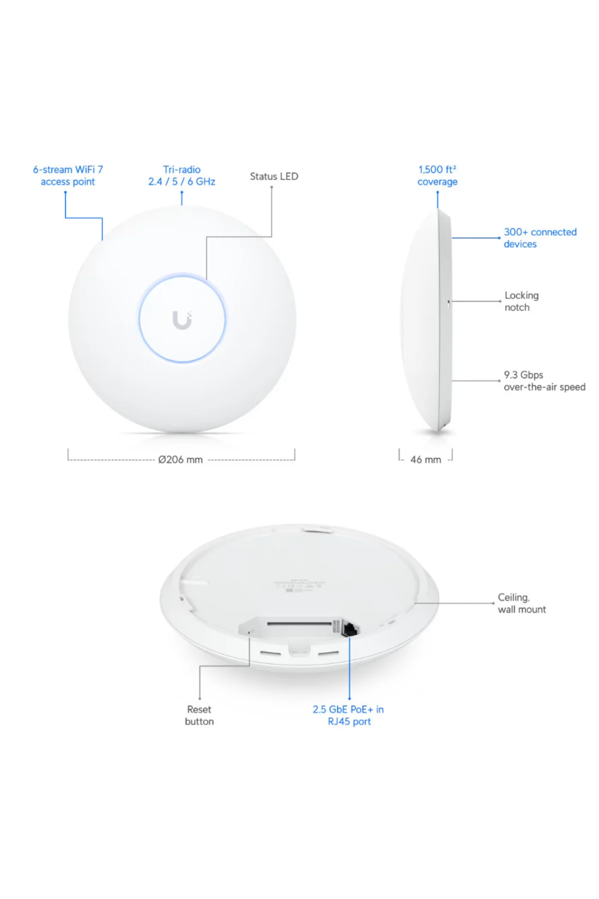 UBIQUITI UAP-U7-PRO, UniFi, Triple Band, 5765Mbps, Wifi6, Tavan T UBIQUITI UAP-U7-PRO, UniFi, Triple Band, 5765Mbps, Wifi6, Tavan T
