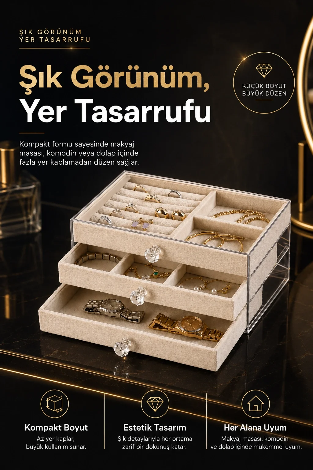 Üç Çekmeceli Kadife Takı Düzenleyici Şeffaf Kapaklı Mücevher Saklama Kutusu