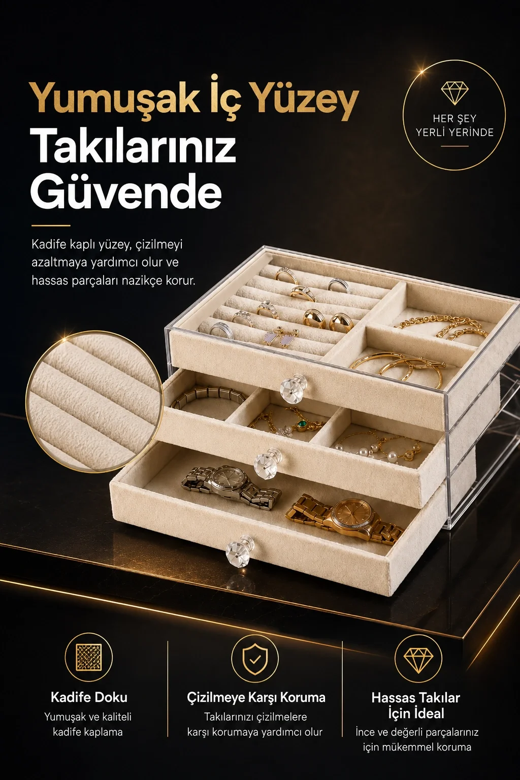 Üç Çekmeceli Kadife Takı Düzenleyici Şeffaf Kapaklı Mücevher Saklama Kutusu