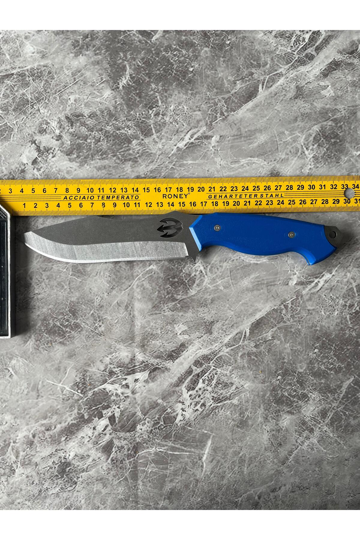 Üç Dişli Mızrak Desenli Kamp Bıçağı – Mavi Kompakt Kabze, Cam Buz