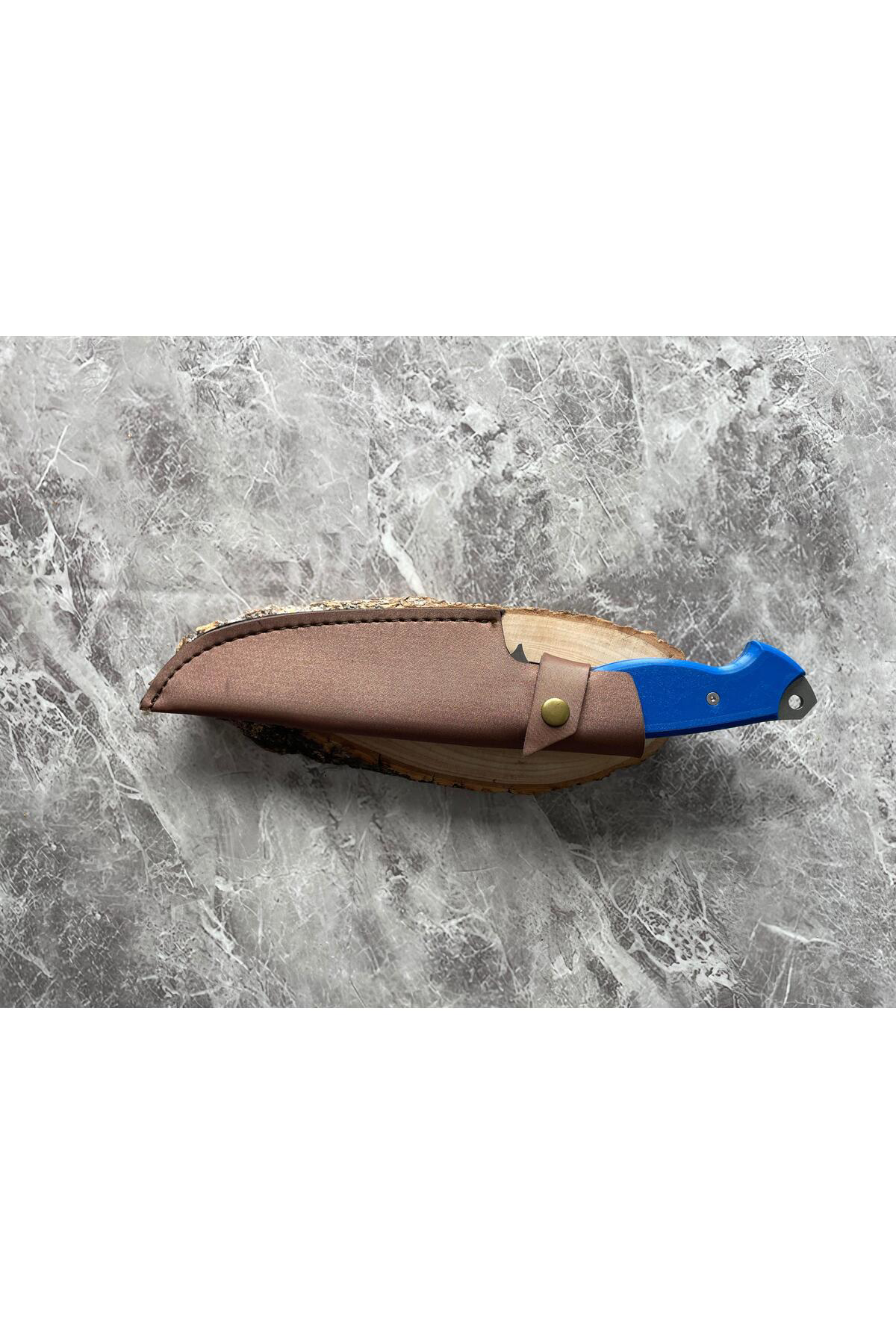 Üç Dişli Mızrak Desenli Kamp Bıçağı – Mavi Kompakt Kabze, Cam Buz