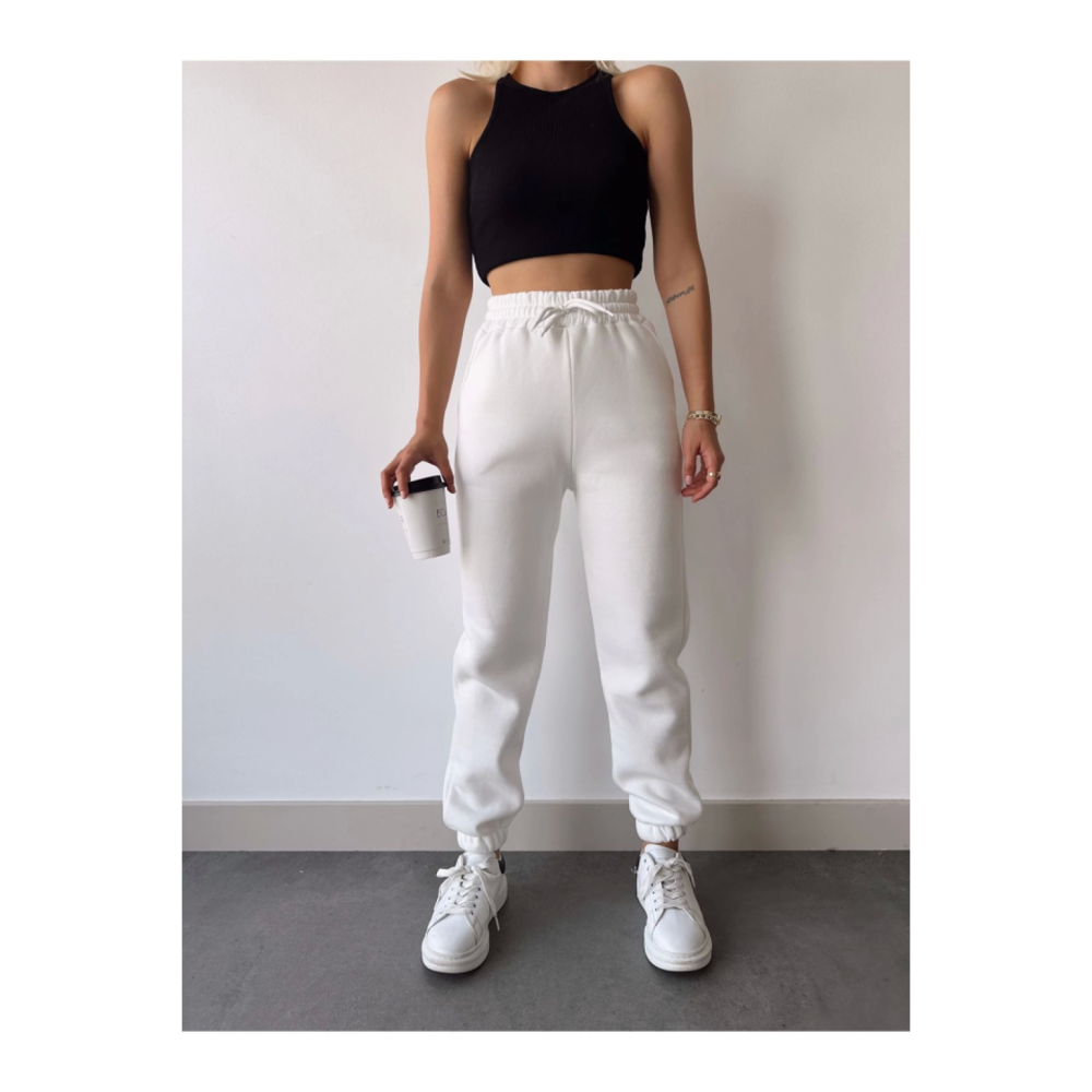 Üç İplik Basic Lastikli Eşofman Pantolon - Beyaz