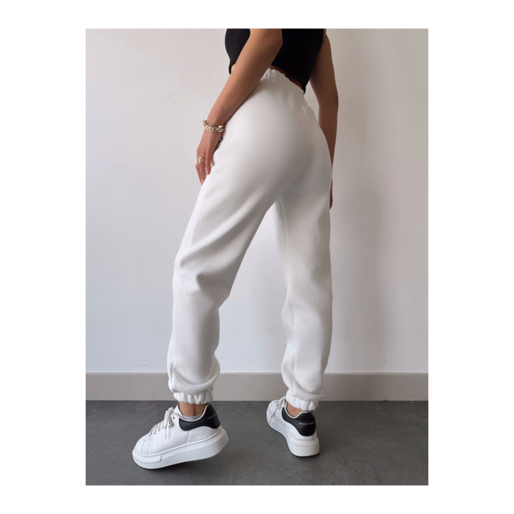 Üç İplik Basic Lastikli Eşofman Pantolon - Beyaz