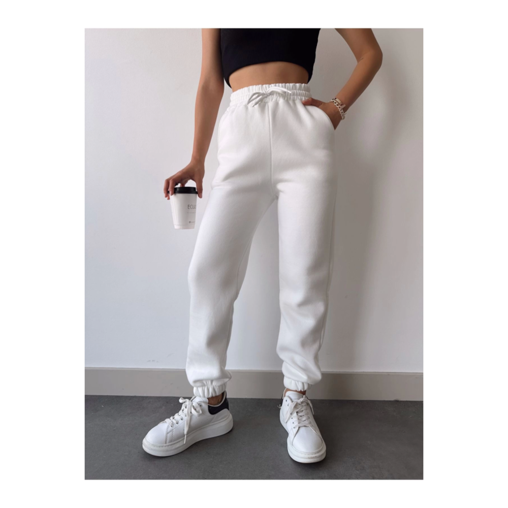 Üç İplik Basic Lastikli Eşofman Pantolon - Beyaz
